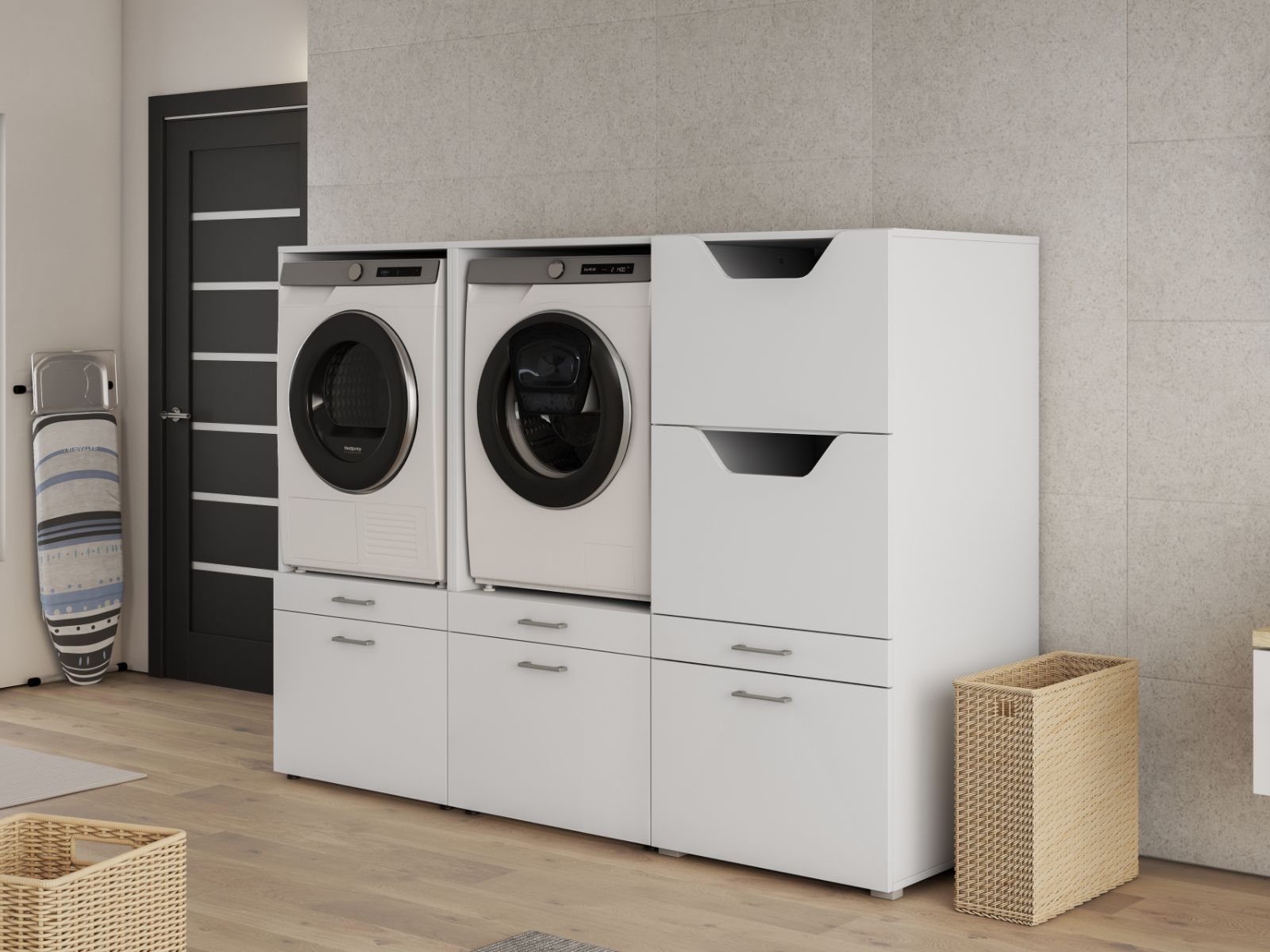 Meuble WASHING 2 machines côte à côte avec armoire linge blanc