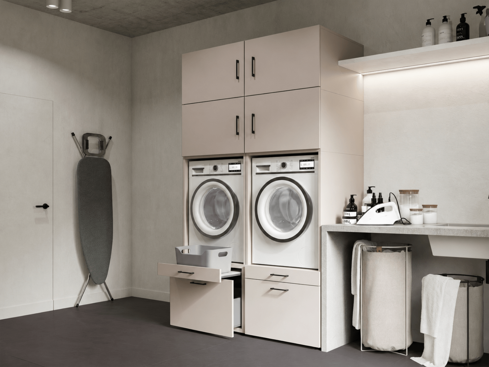 Meuble WASHING 2 machines côte à côte cachemire avec 4 surmeubles