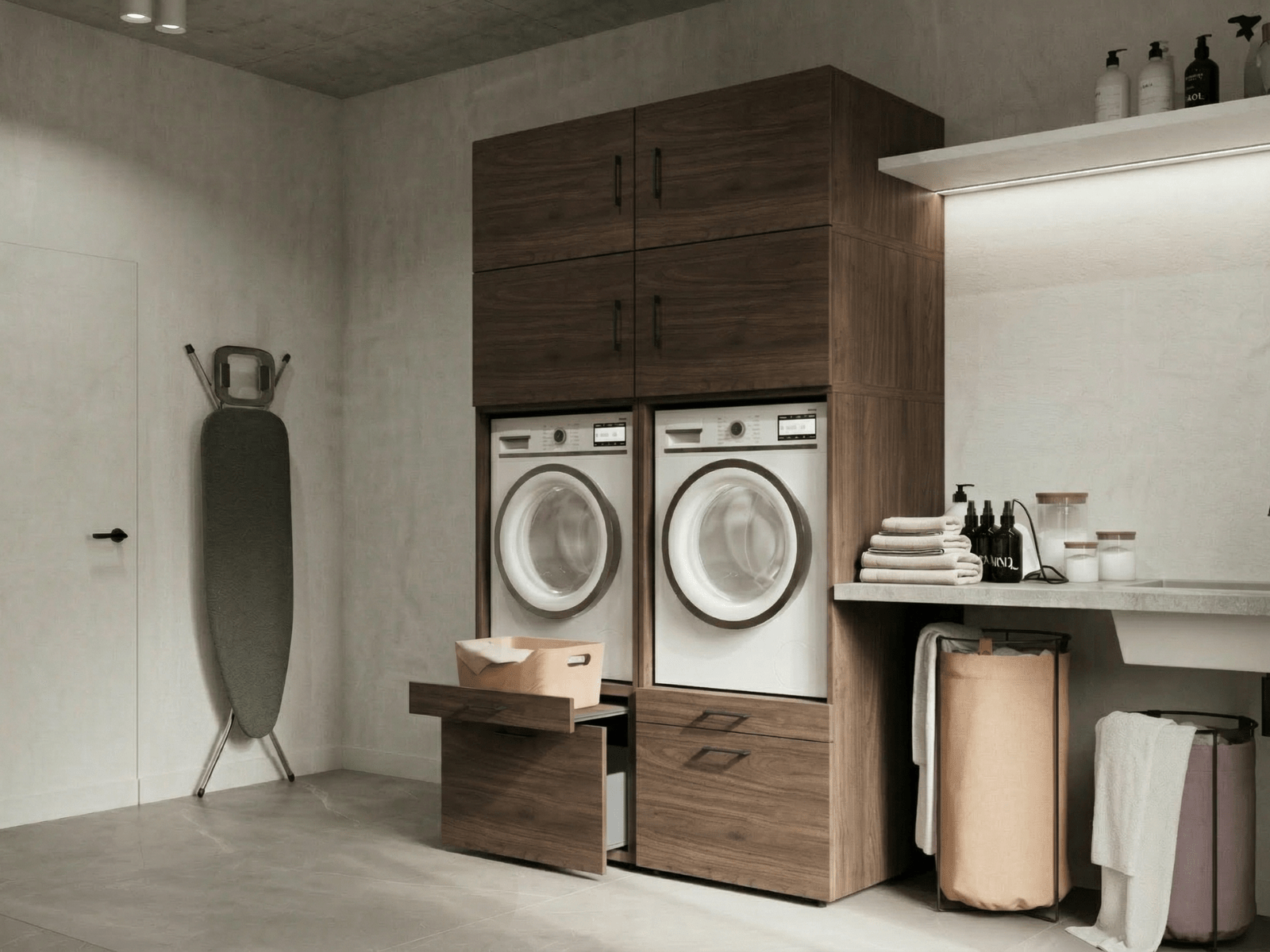 Meuble WASHING 2 machines côte à côte noyer avec 4 surmeubles