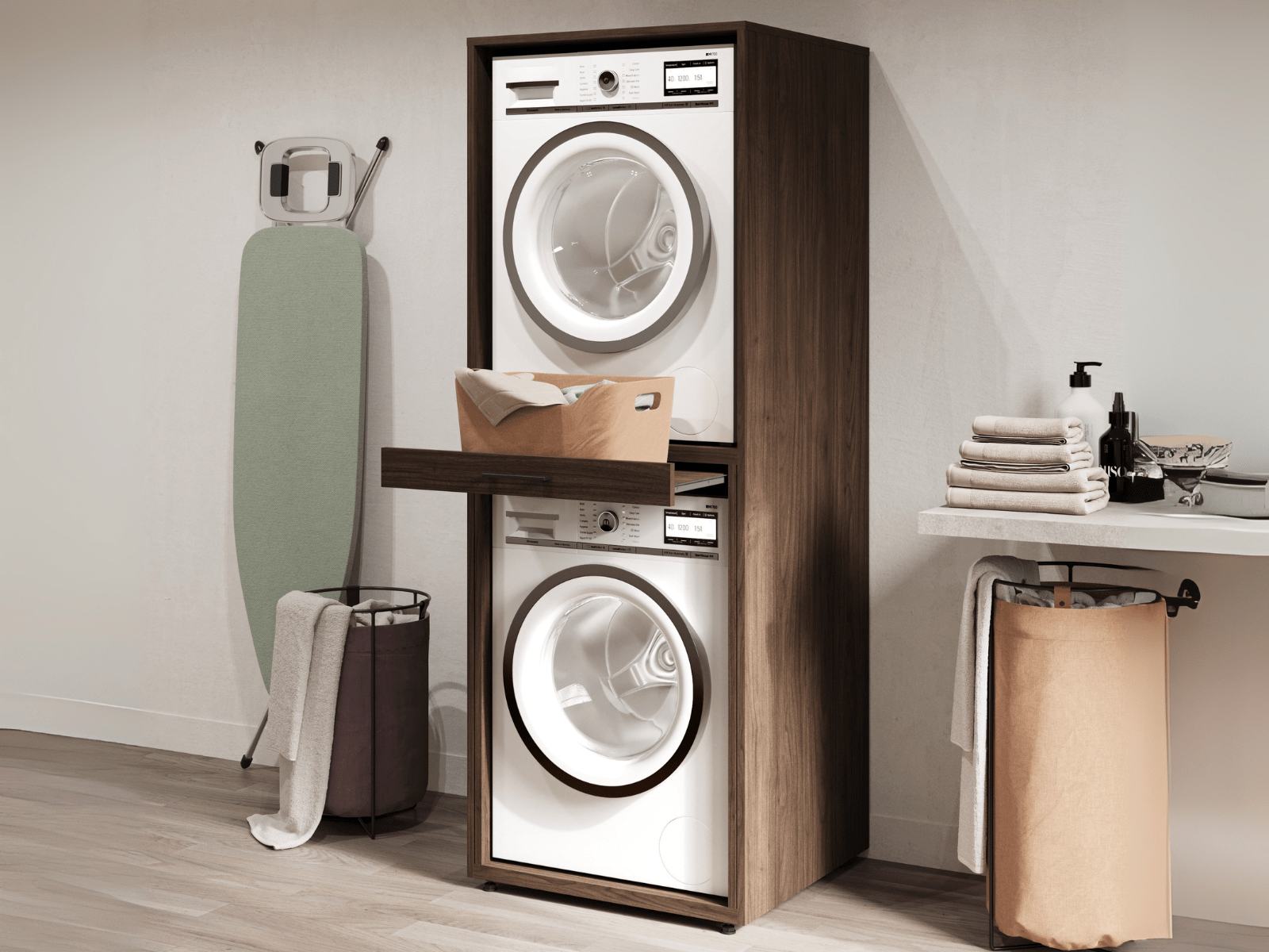 Meuble WASHING 2 machines superposées noyer