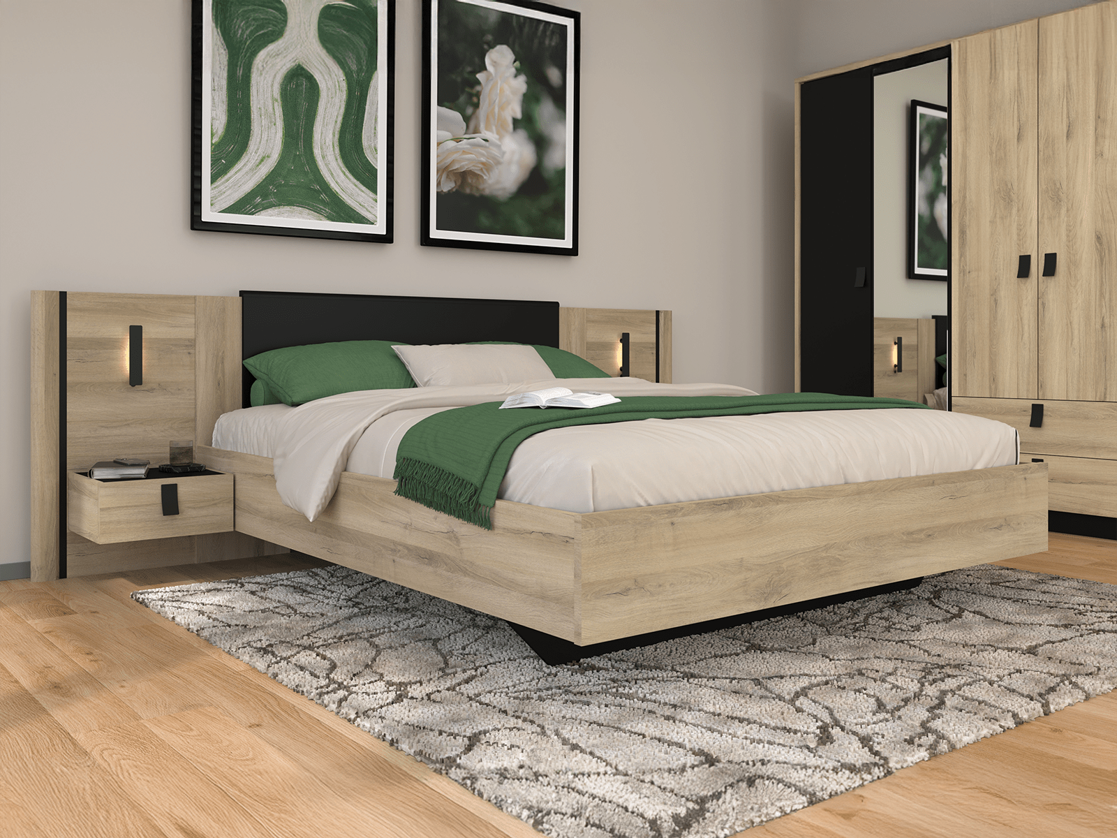 Lit et chevets KYAN 140x190 chêne krönberg/noir