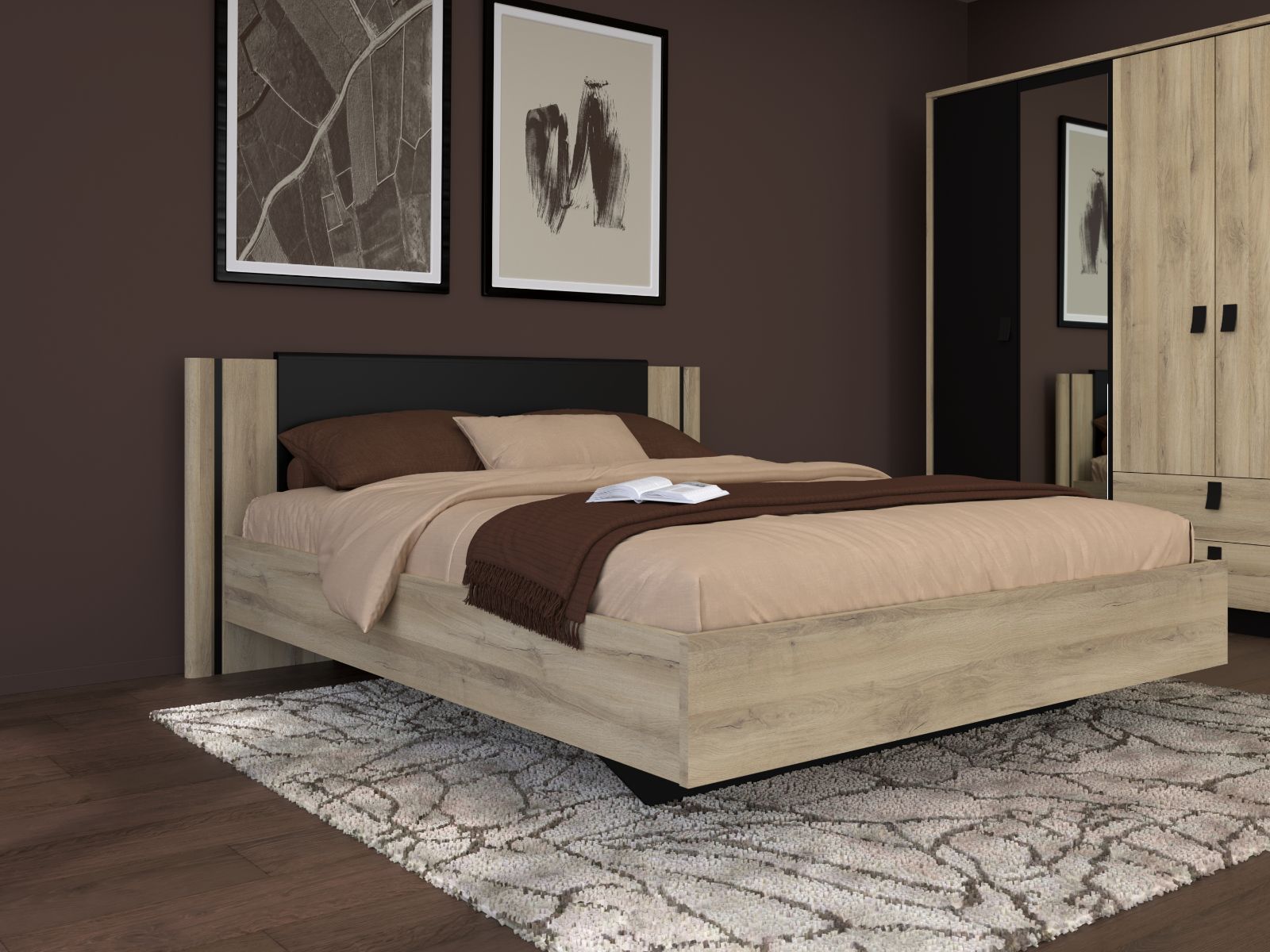 Lit KYAN 160x200 chêne krönberg/noir