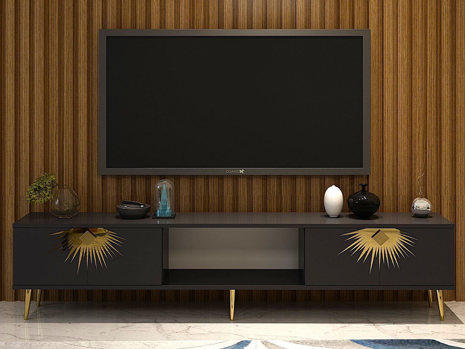 Meuble tv-hifi NIDAS 2 portes anthracite/doré