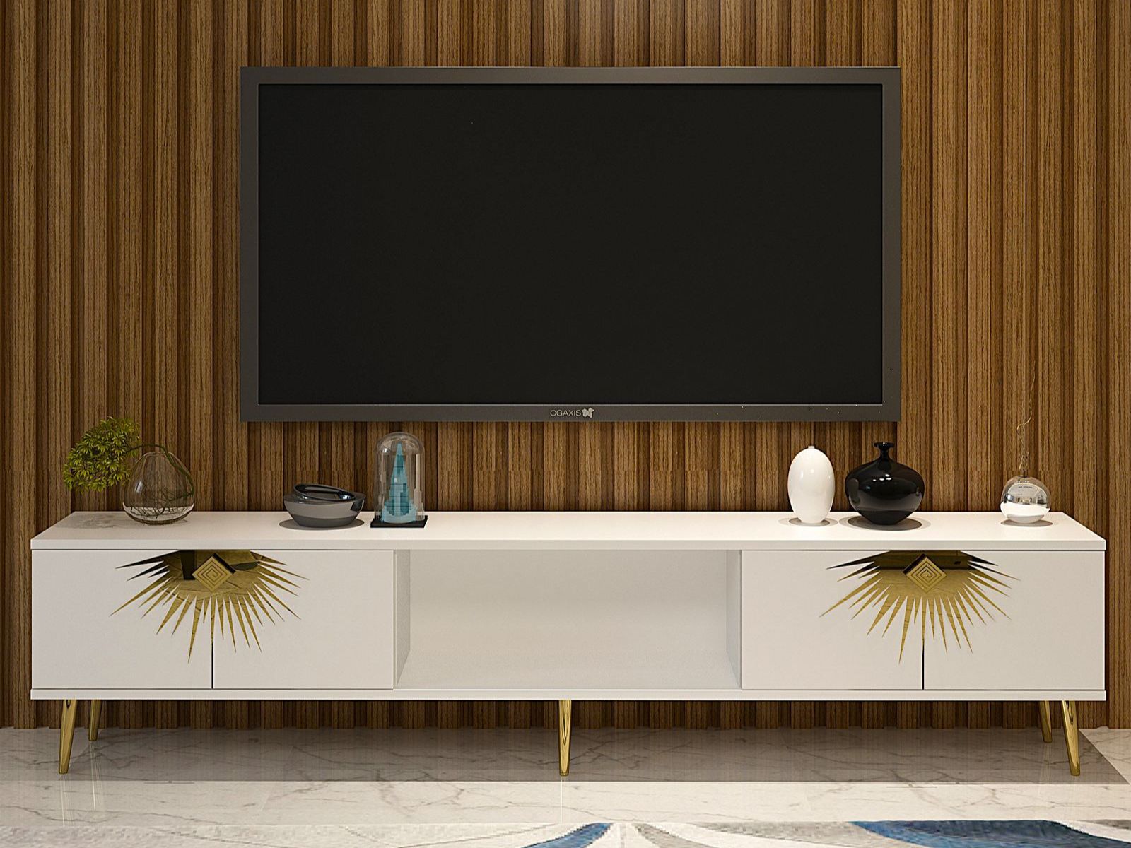 Meuble tv-hifi NIDAS 2 portes blanc/doré