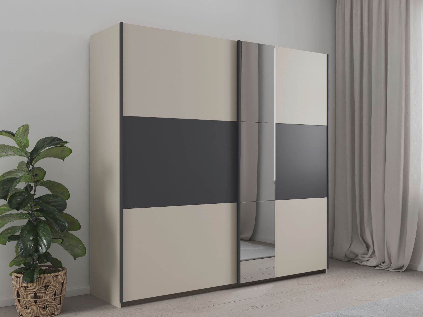 Armoire SAJORIS 2 portes coulissantes 218 cm cachemire/gris métallique avec miroir