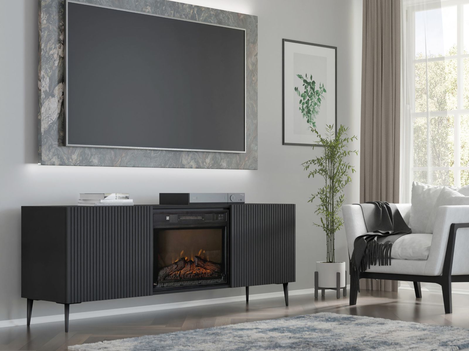 Meuble tv-hifi cheminée RAVAGE 2 portes noir