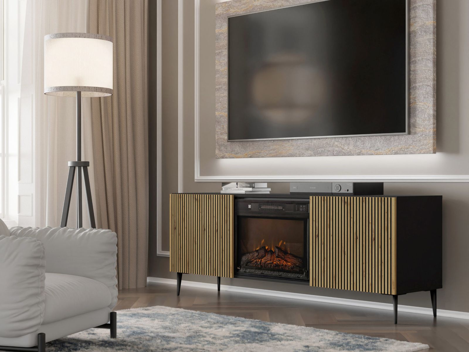 Meuble tv-hifi cheminée RAVAGE 2 portes noir/chêne artisan