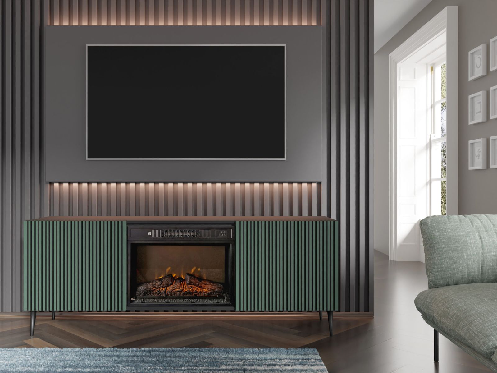 Meuble tv-hifi cheminée RAVAGE 2 portes vert foncé