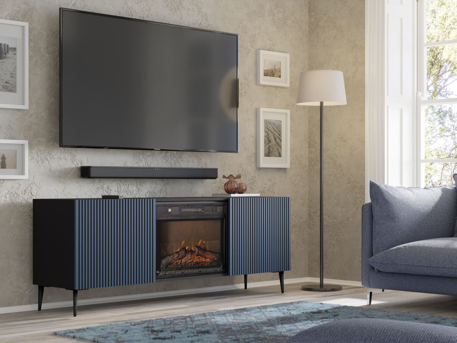 Meuble tv-hifi cheminée RAVAGE 2 portes bleu navy