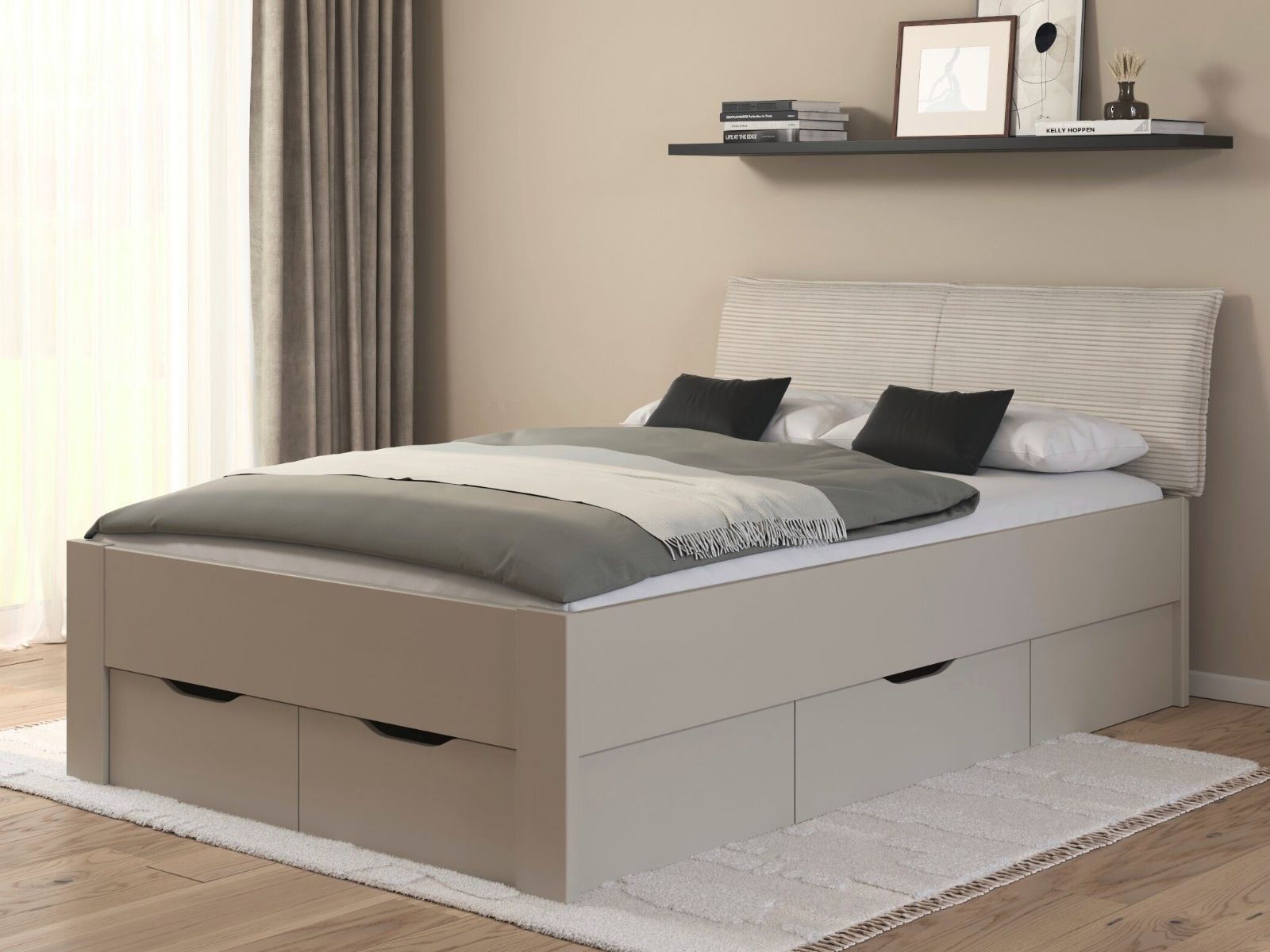 Lit LANDER 140x190 cm cachemire/velours ivoire avec tiroirs