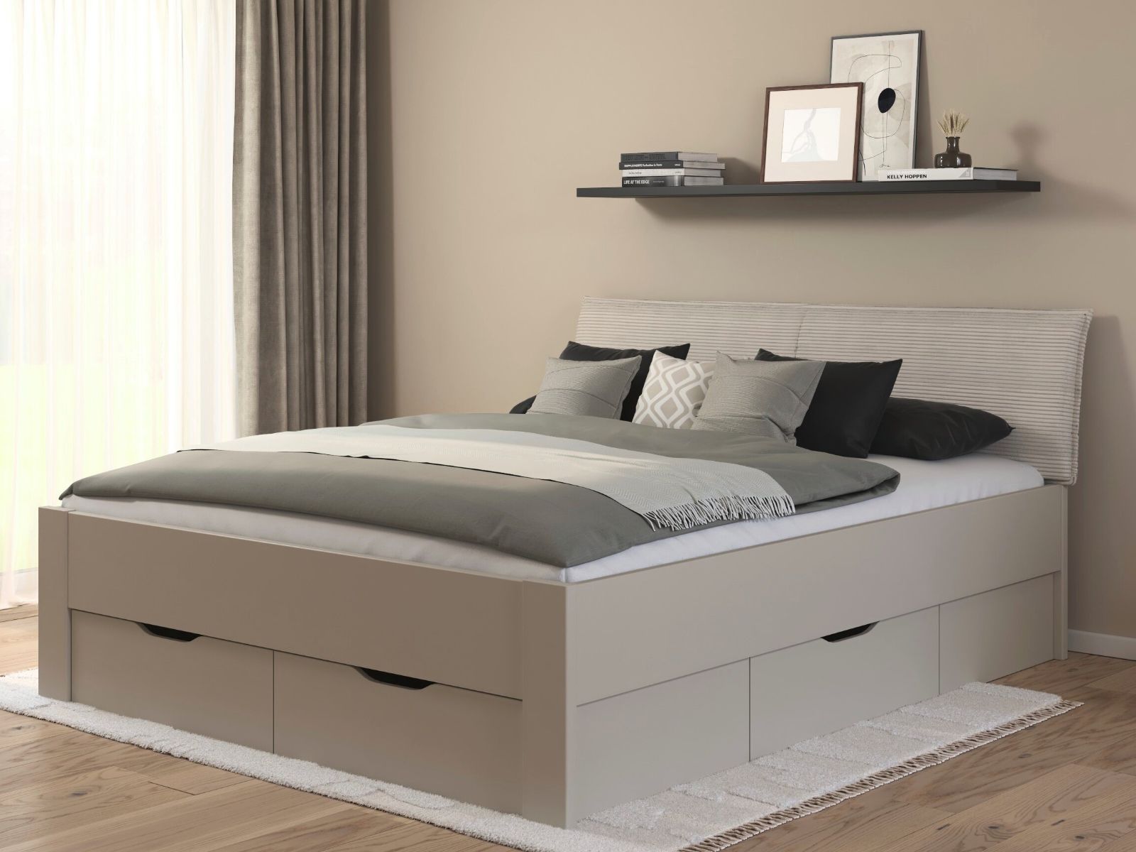 Lit LANDER 180x200 cm cachemire/velours ivoire avec tiroirs