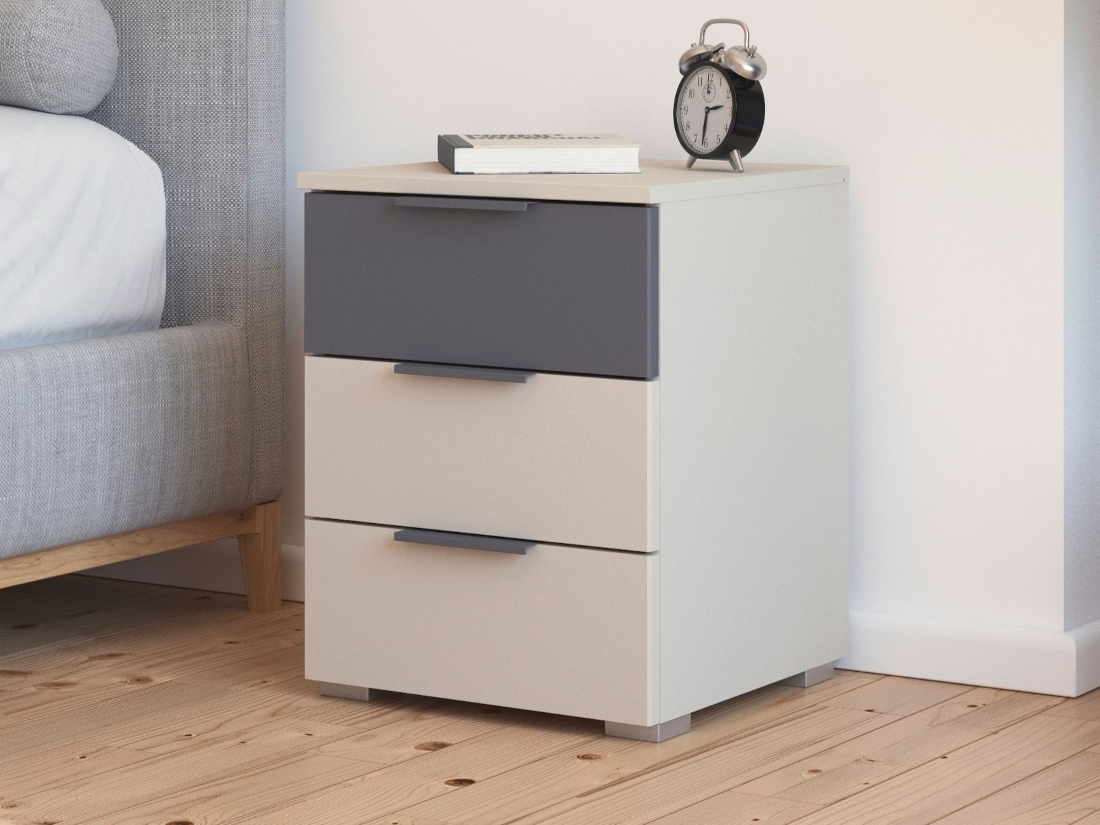 Chevet SAJORIS 3 tiroirs cachemire/gris métallique