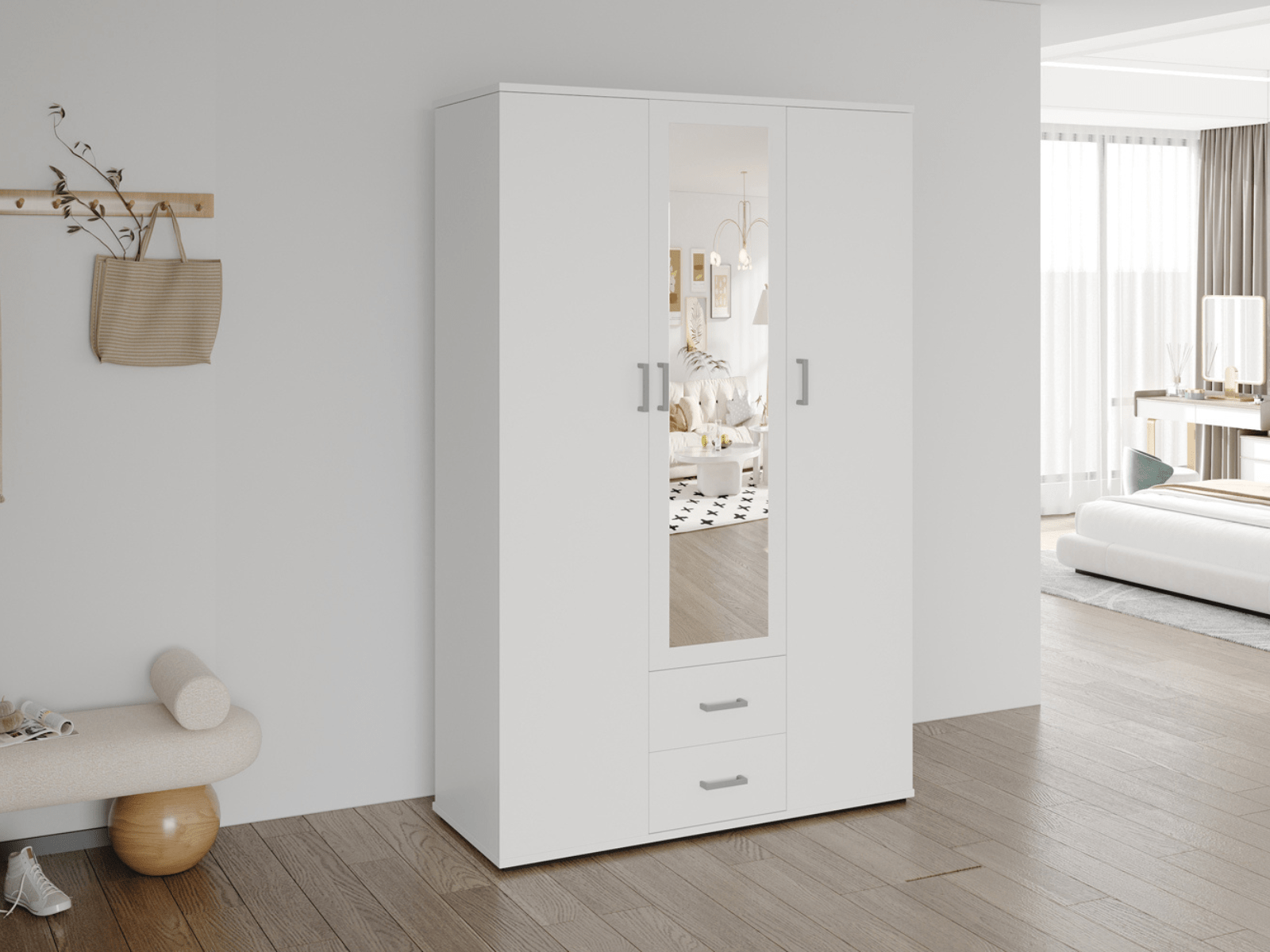 Armoire MARCELINO 3 portes 2 tiroirs blanc