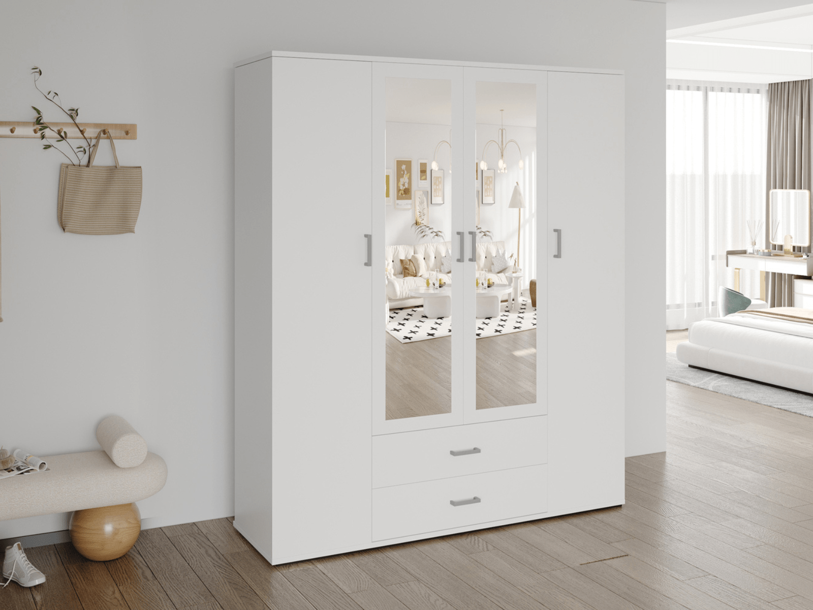 Armoire MARCELINO 4 portes 2 tiroirs blanc