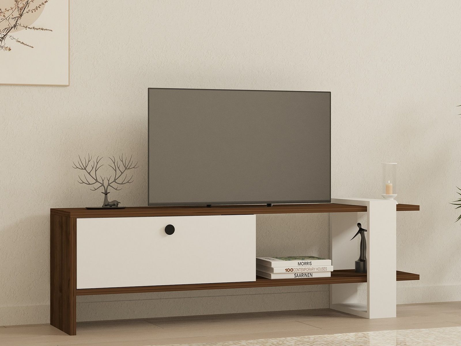 Meuble tv-hifi GAYA 1 porte noyer/blanc