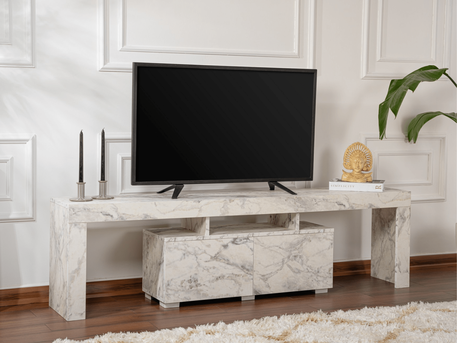 Meuble tv-hifi ELORA 2 portes marbre blanc