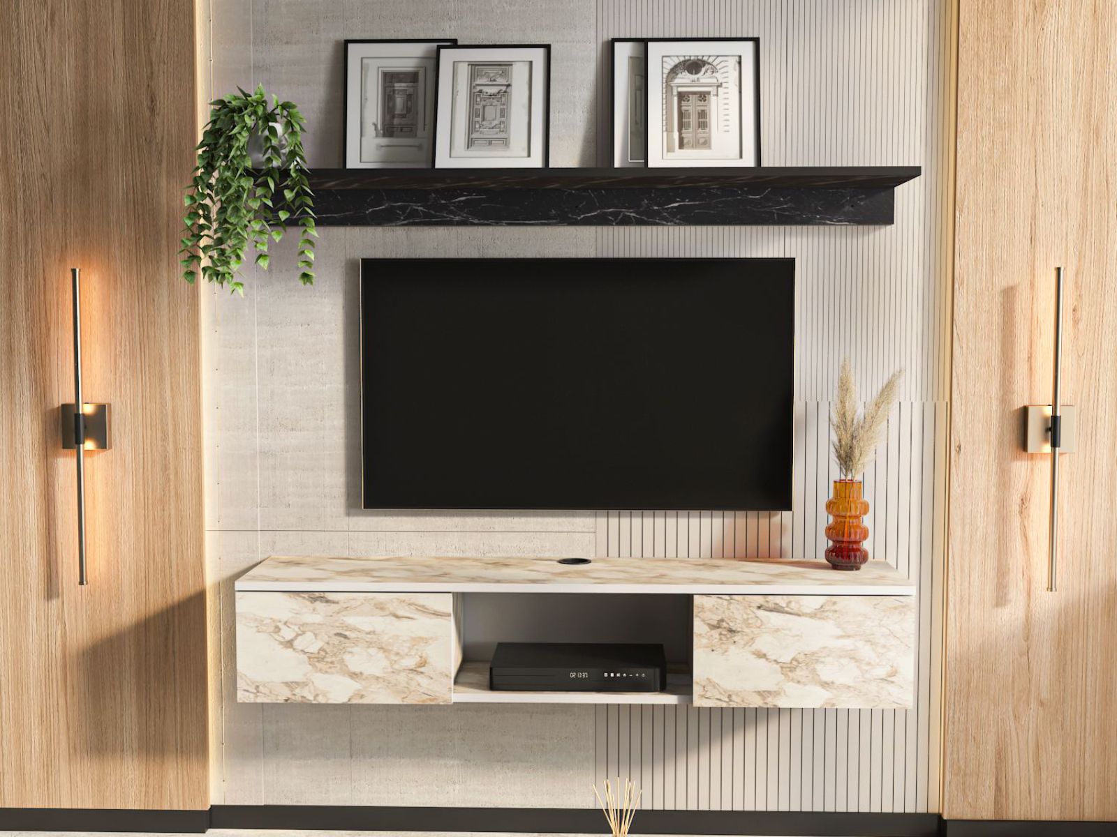 Meuble tv-hifi avec étagère ELIAME 2 portes marbre blanc