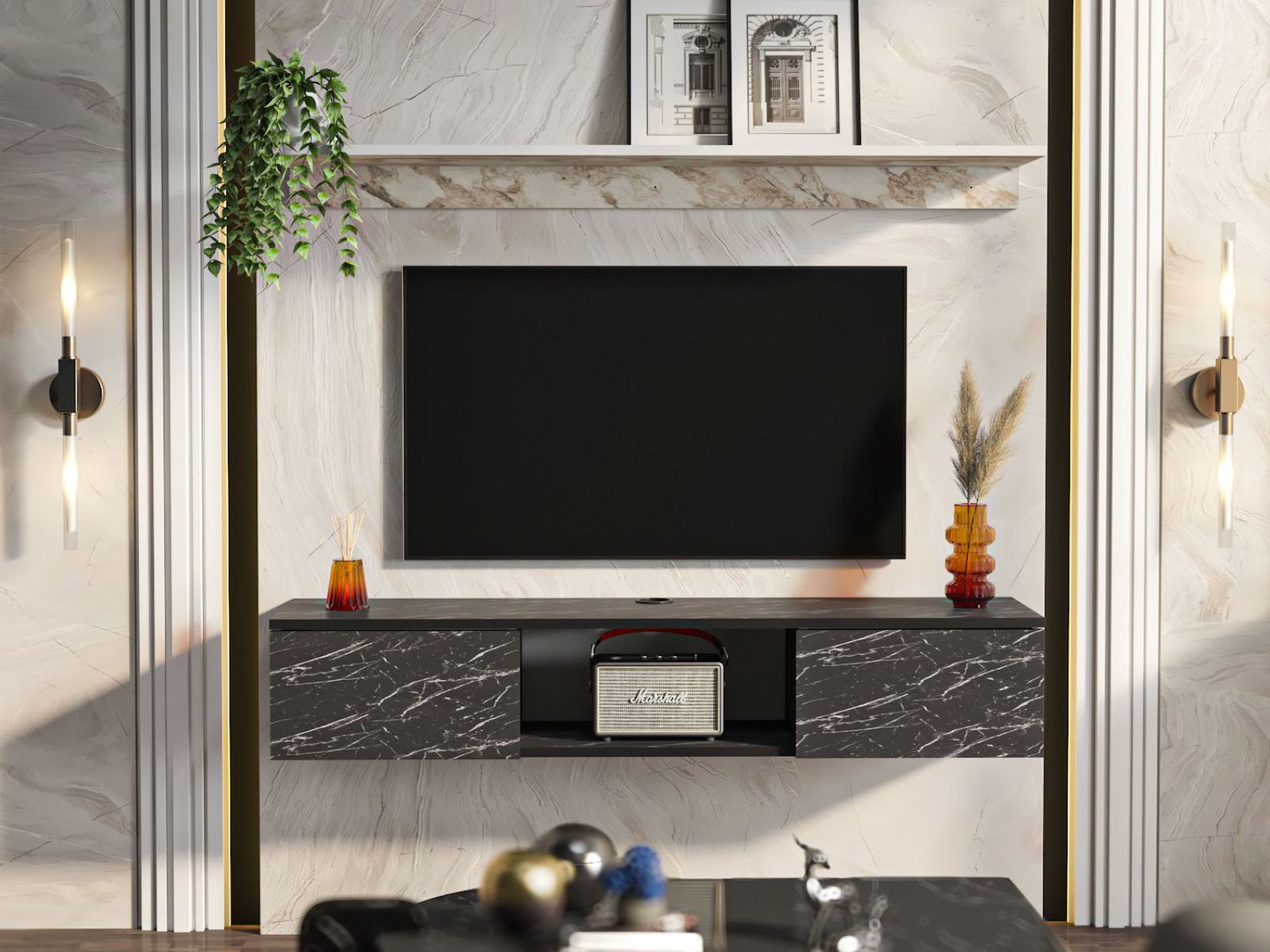 Meuble tv-hifi avec étagère ELIAME 2 portes marbre noir