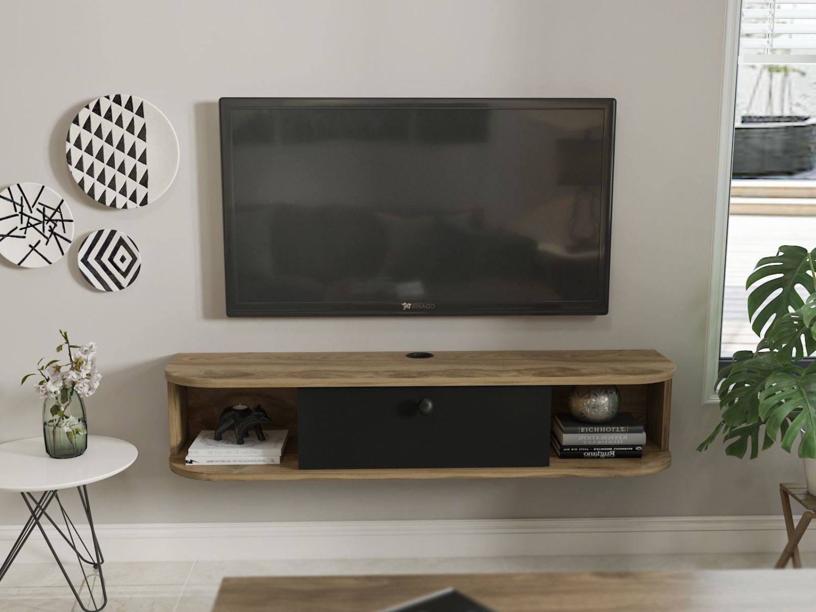 Meuble tv-hifi IBARAK 1 porte chêne vieilli/noir