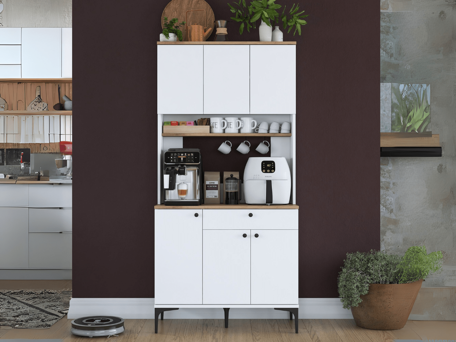 Buffet/bahut RAMSAY 6 portes 1 tiroir blanc/noyer