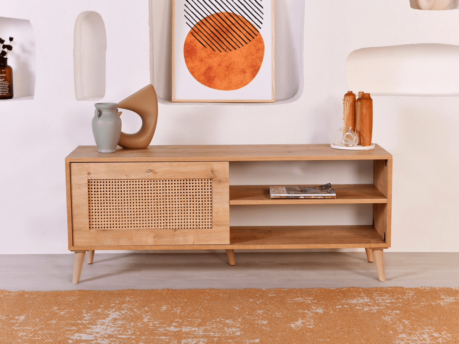 Meuble tv-hifi HAZAKAN 1 porte chêne/rotin