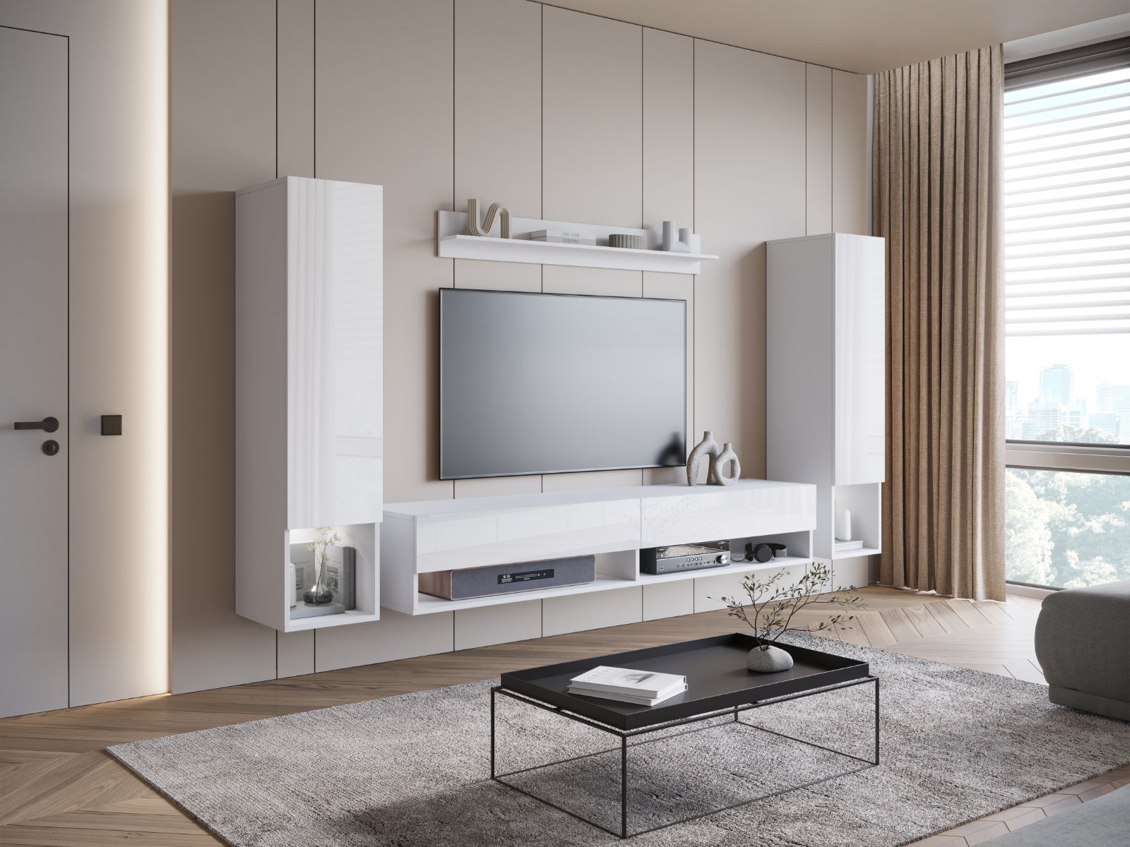 Mur tv-hifi AMADEUS 4 portes blanc/blanc brillant
