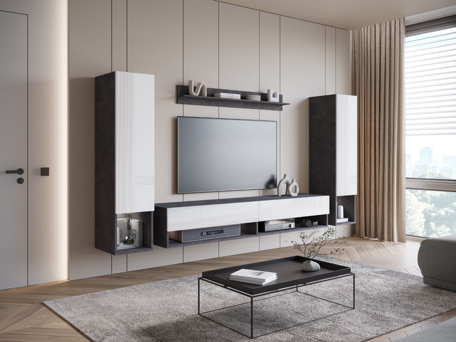 Mur tv-hifi AMADEUS 4 portes anthracite/blanc brillant avec led