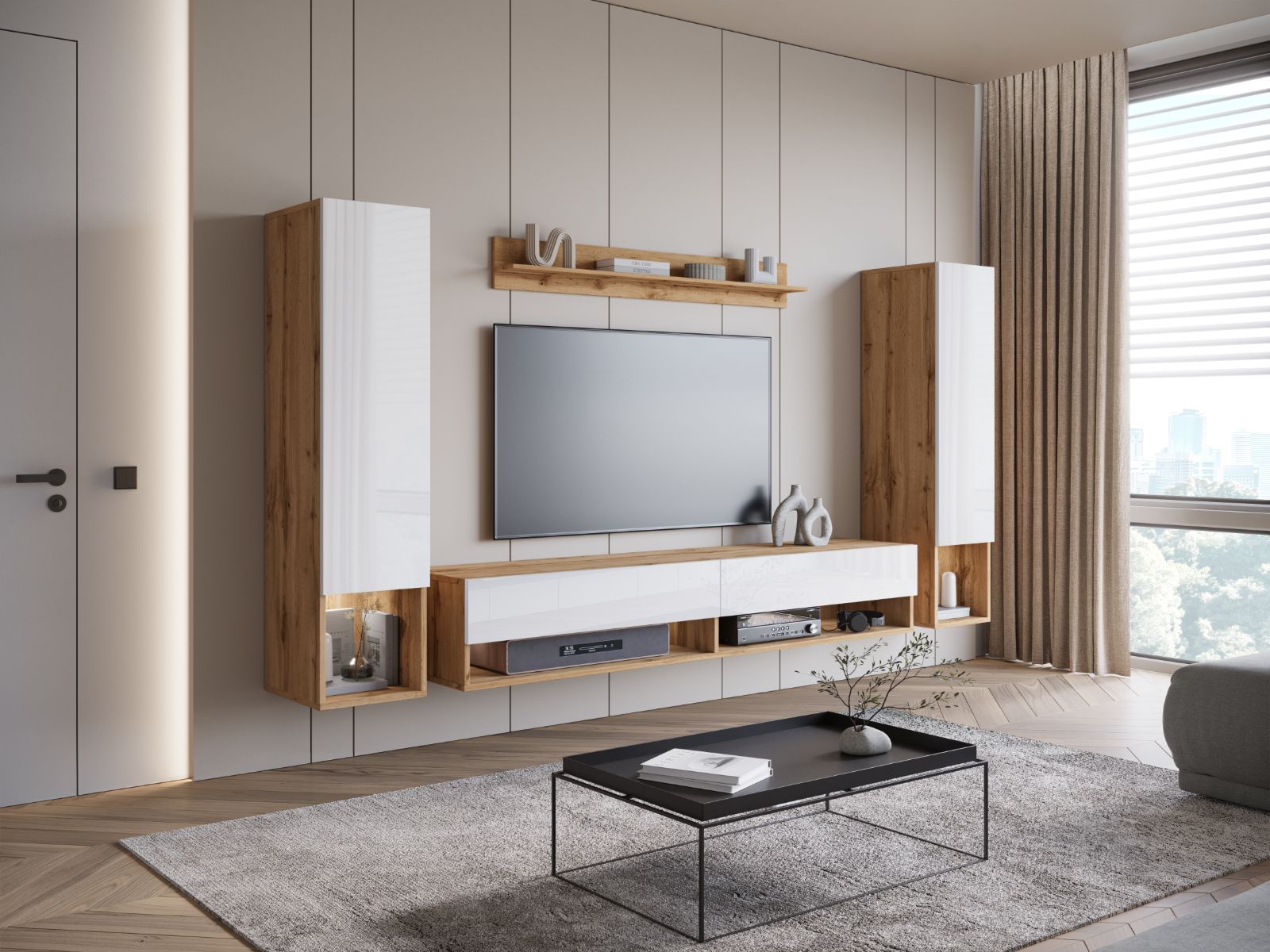 Mur tv-hifi AMADEUS 4 portes chêne wotan/blanc brillant