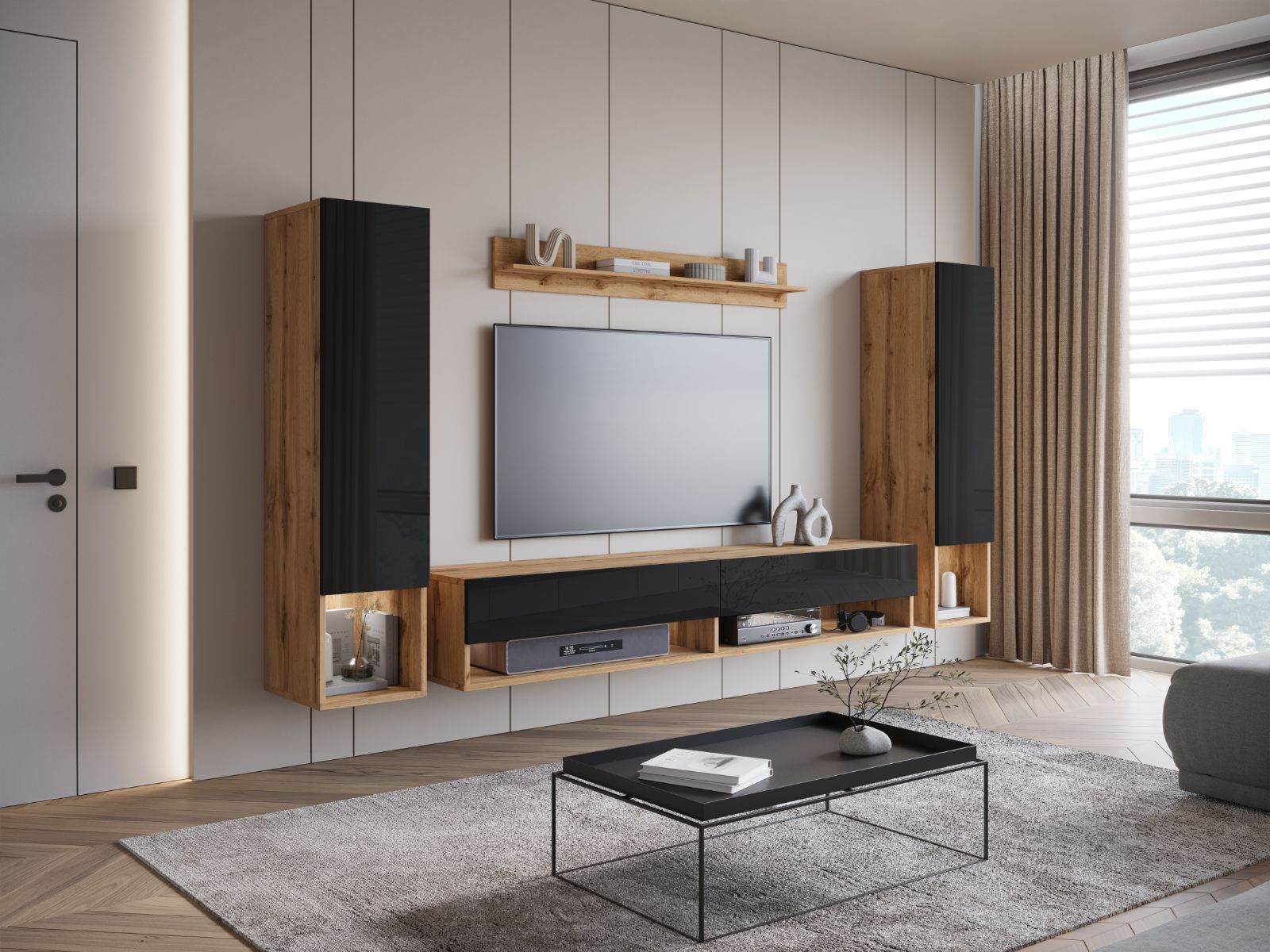 Mur tv-hifi AMADEUS 4 portes chêne wotan/noir brillant