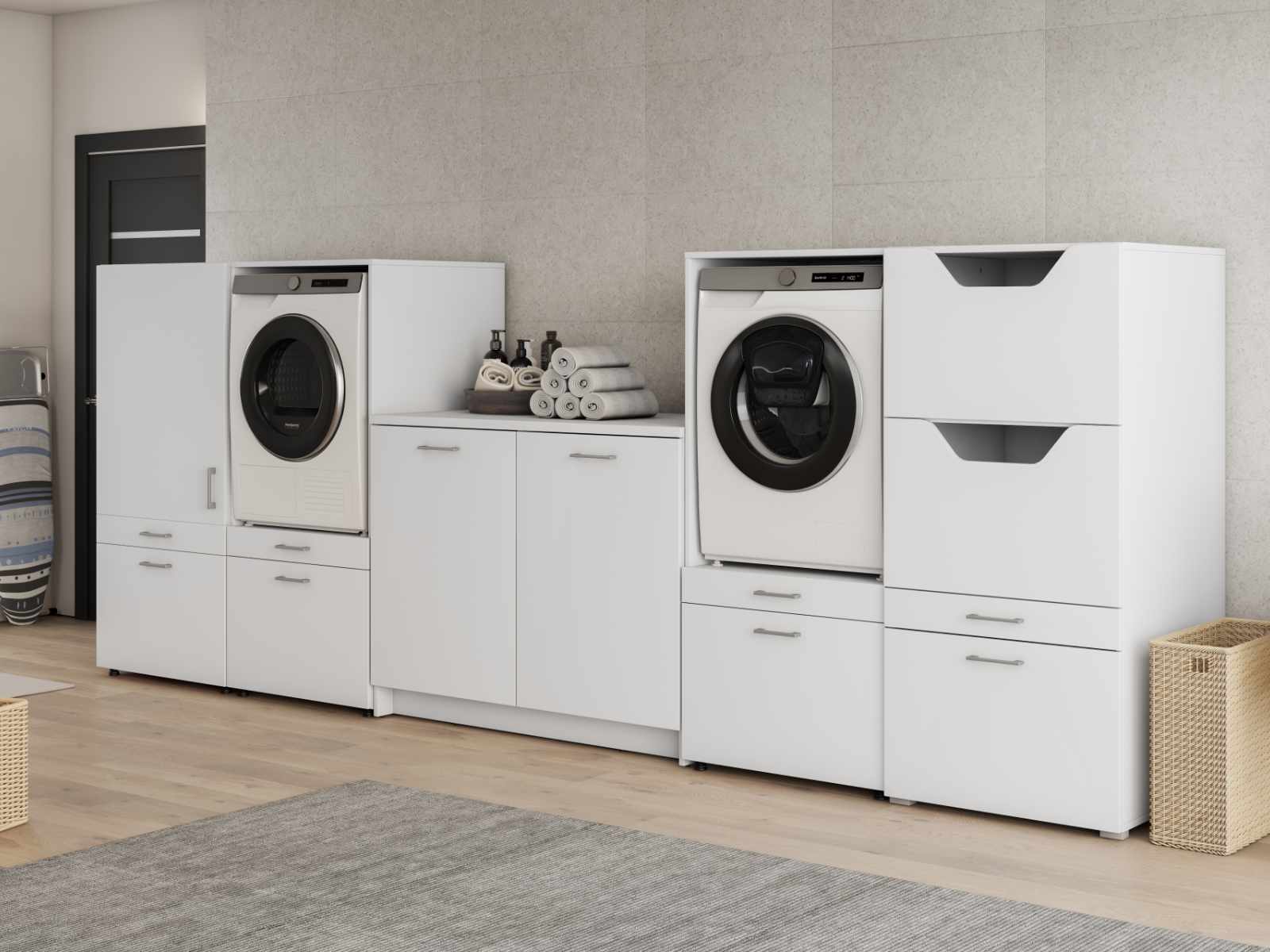 Meuble WASHING 2 machines avec armoire 1 porte 2 tiroirs et armoire linge et meuble bas blanc