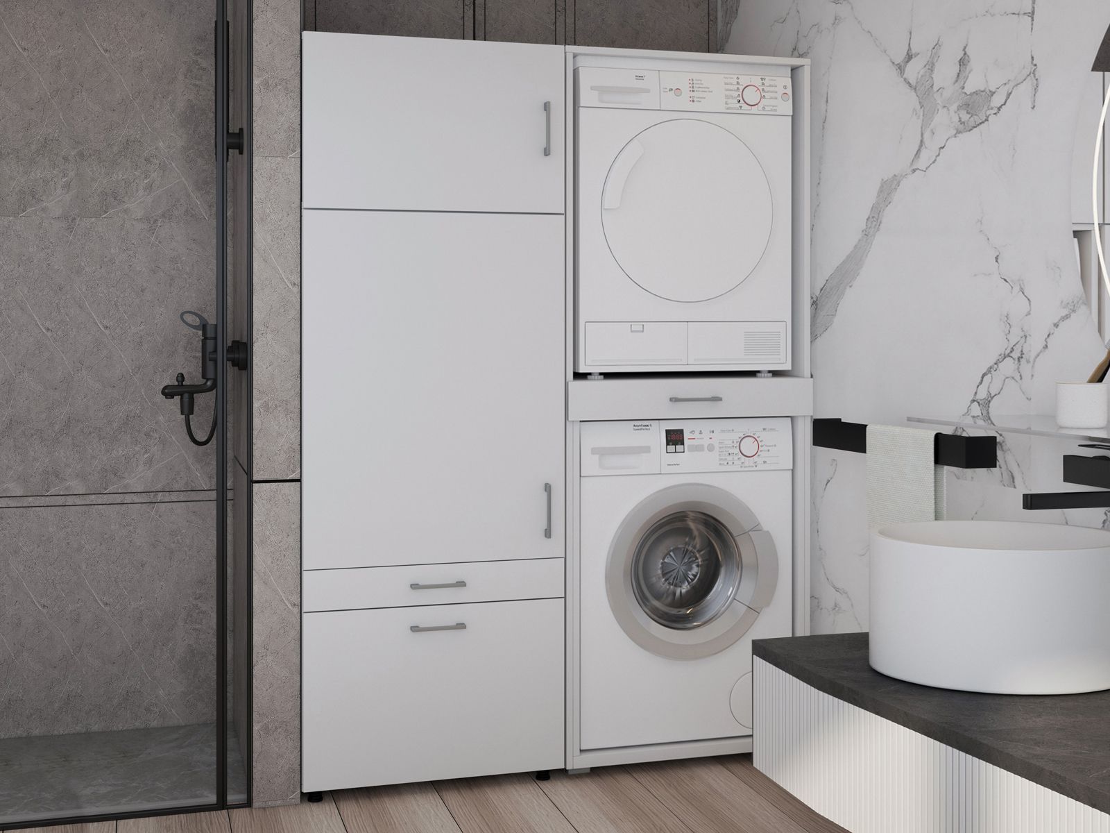 Meuble WASHING 2 machines superposées avec armoire 1 porte 2 tiroirs blanc avec 1 surmeuble