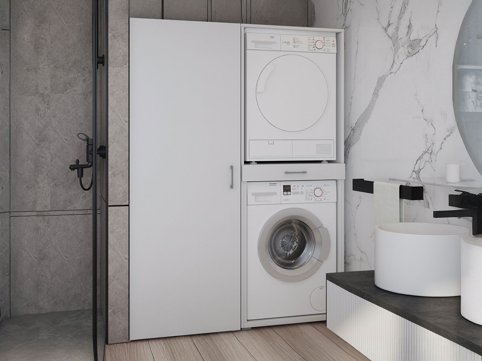 Meuble WASHING 2 machines superposées avec armoire 1 porte blanc
