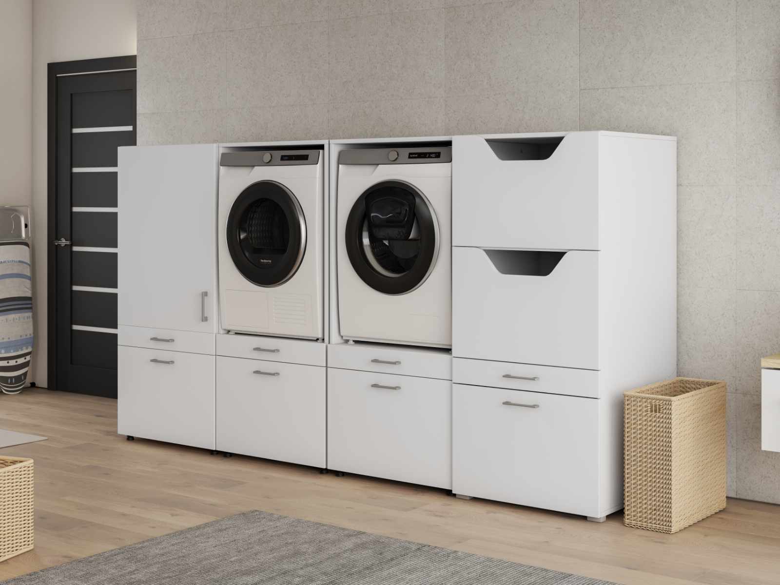 Meuble WASHING 2 machines avec armoire 1 porte 2 tiroirs et armoire linge blanc