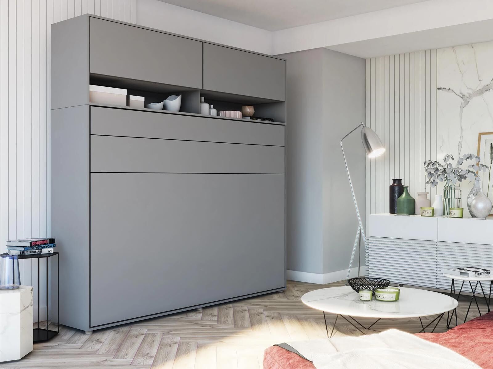Lit mural escamotable CONCEPTION PRO 140x200 cm gris mat (horizontal) avec surmeuble