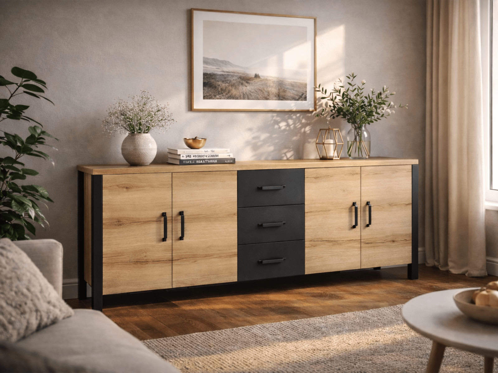 Buffet/bahut OLIANNE 4 portes 3 tiroirs chêne naturel