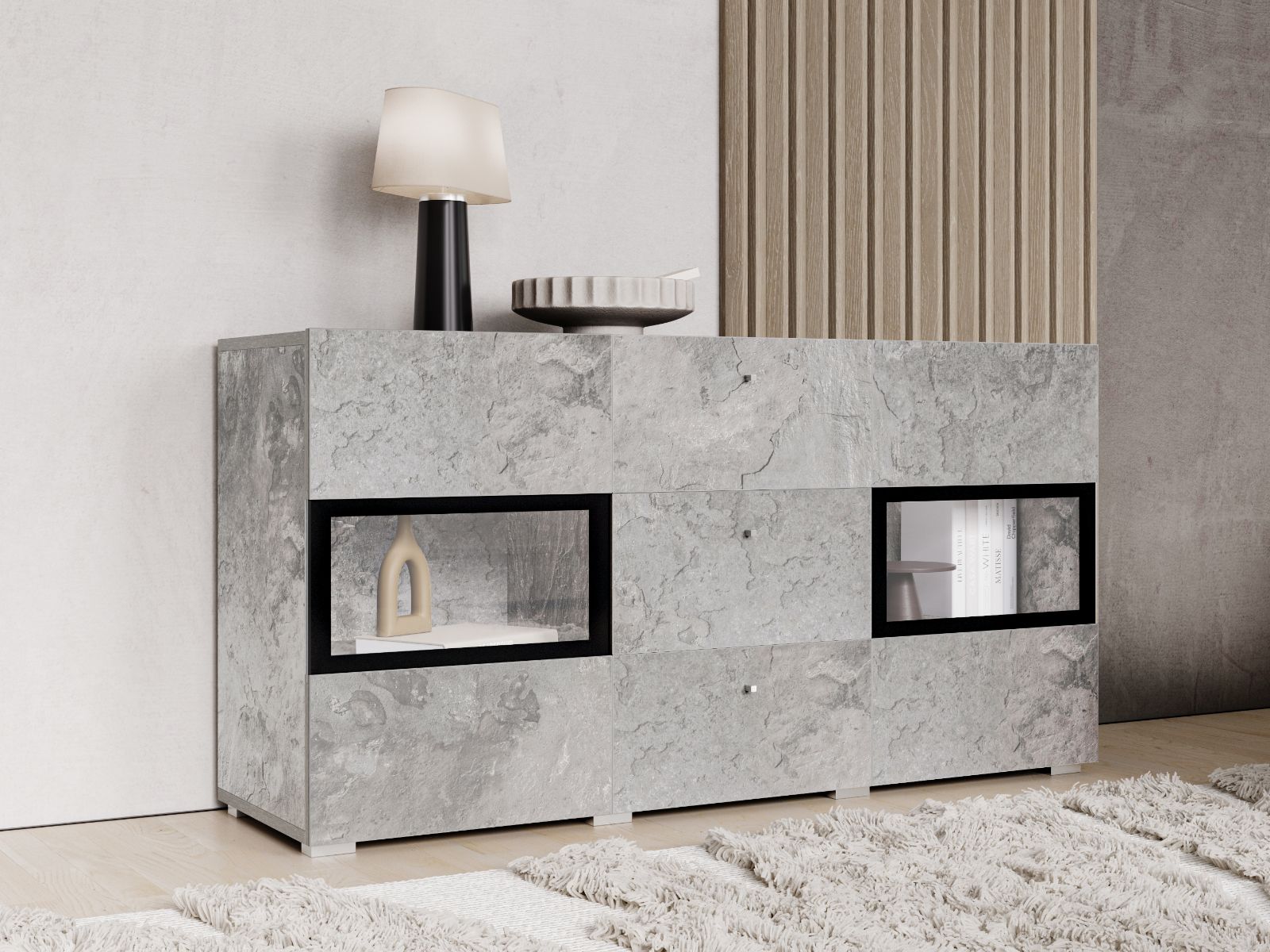 Commode BABEL 2 portes et 3 tiroirs béton avec led