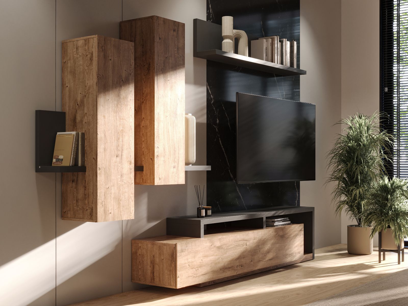 Mur tv-hifi BOTSWANA 2 tiroirs 2 niches anthracite/chêne ribbec