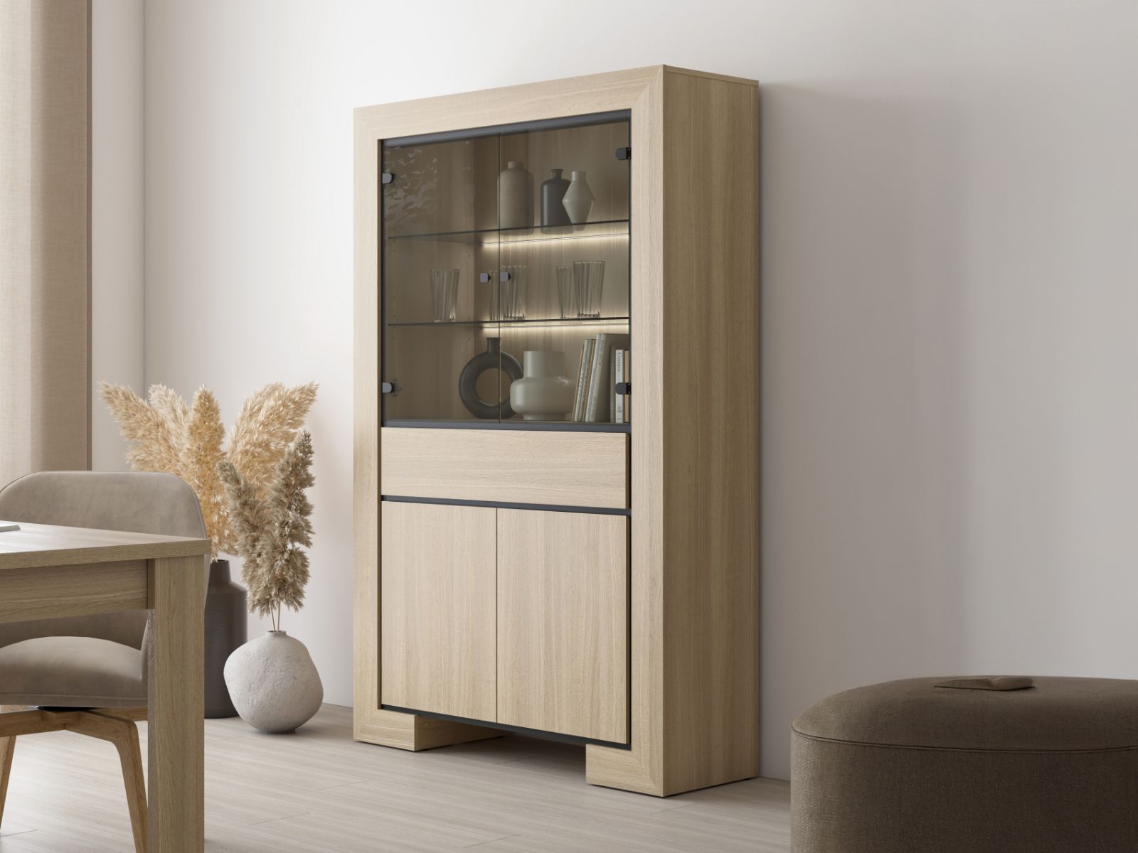 Vitrine CASTRO 4 portes 1 tiroir chêne élégant