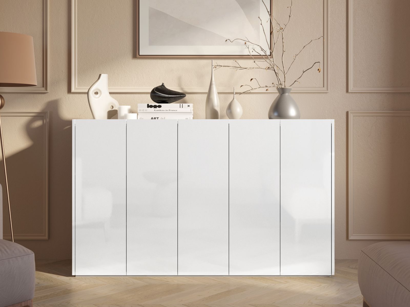 Meuble à chaussures PEASY 5 portes blanc brillant/chêne scandinave