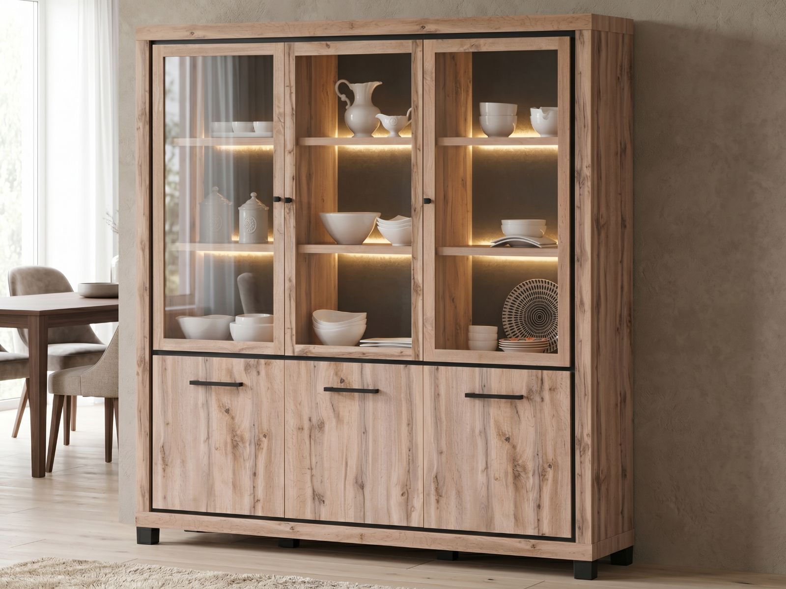 Vitrine ELEGA 6 portes chêne canadien avec led