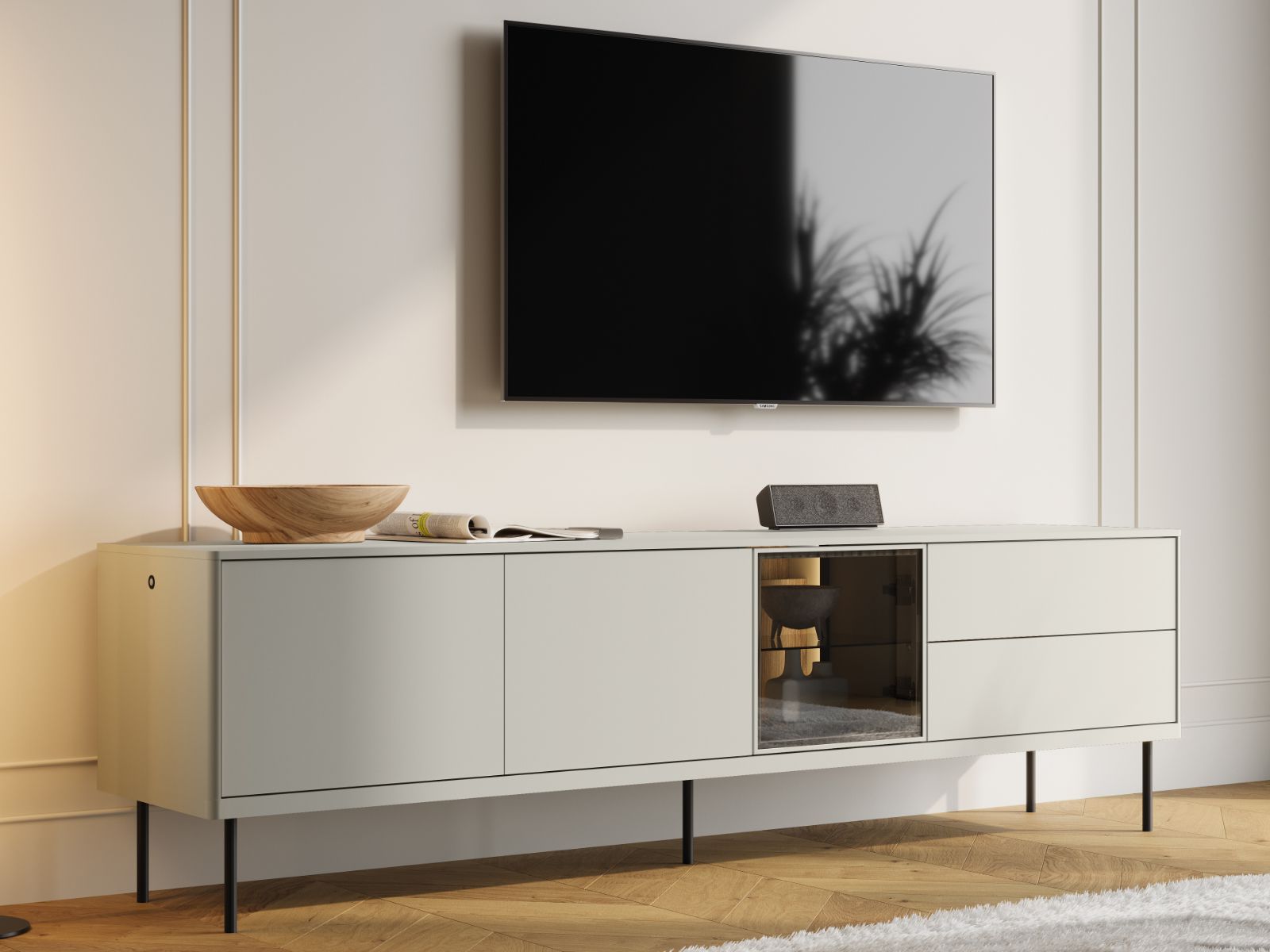 Meuble tv-hifi EMPIRO 3 portes 2 tiroirs 194 cm cachemire avec led