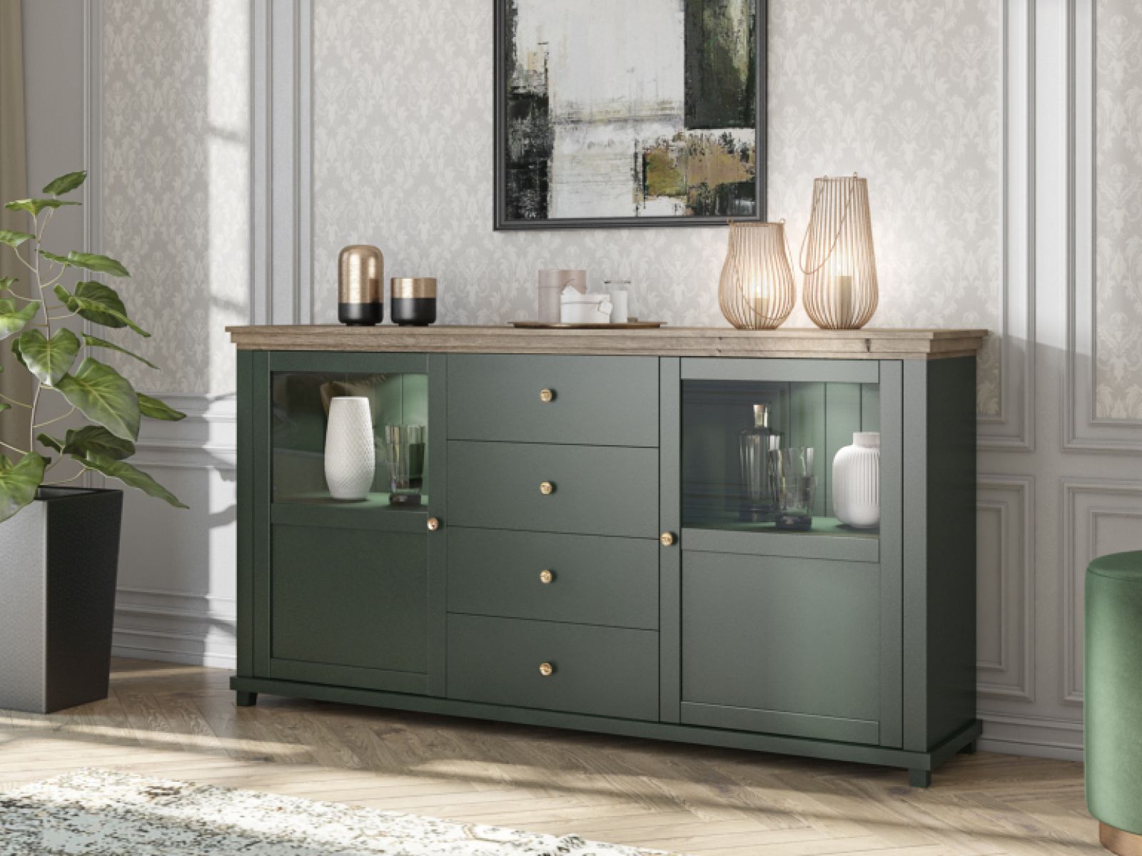 Buffet/bahut EVOCO 2 portes 4 tiroirs chêne ribbec/vert avec led