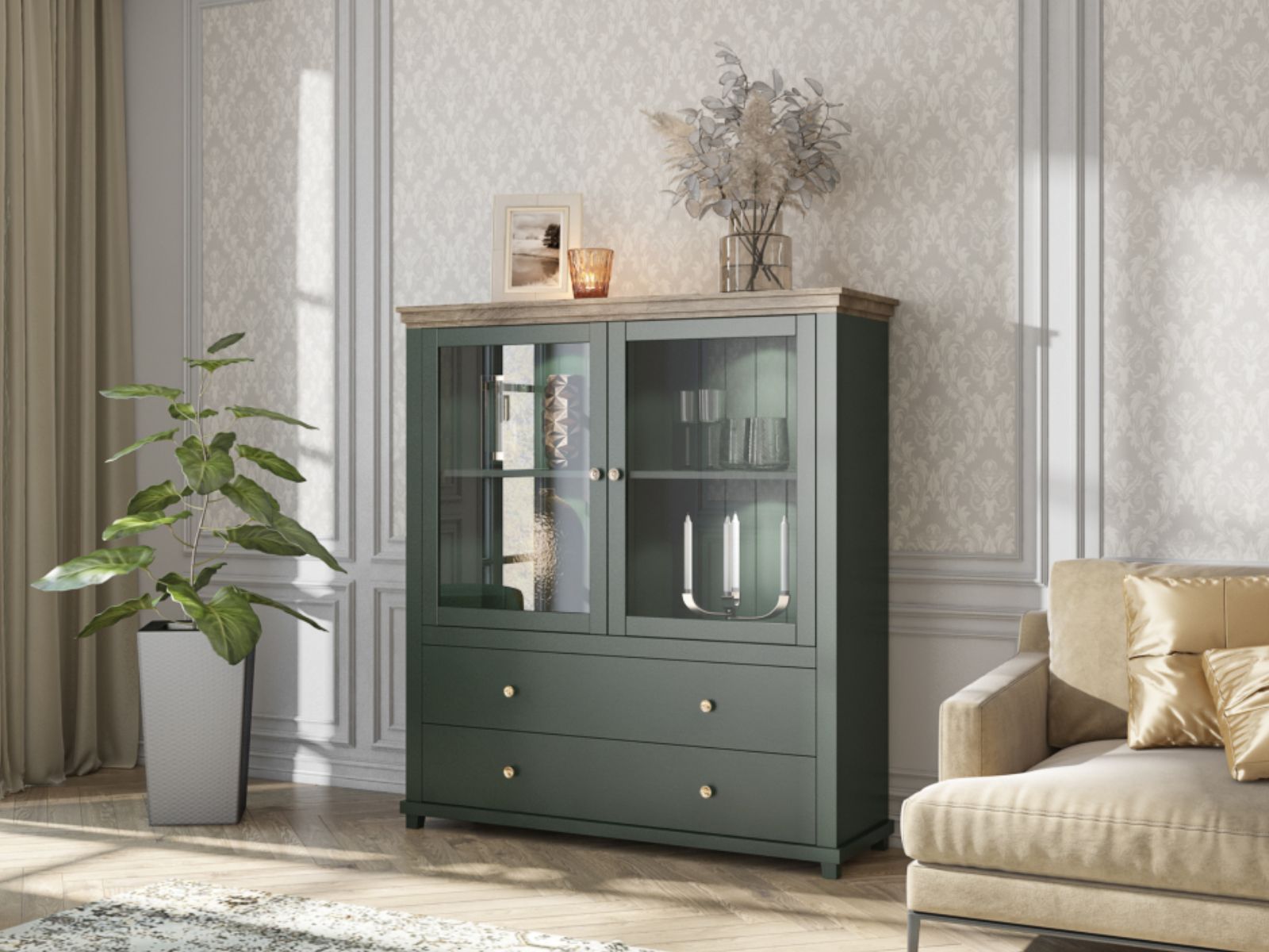 Vitrine EVOCO 2 portes 2 tiroirs chêne ribbec/vert