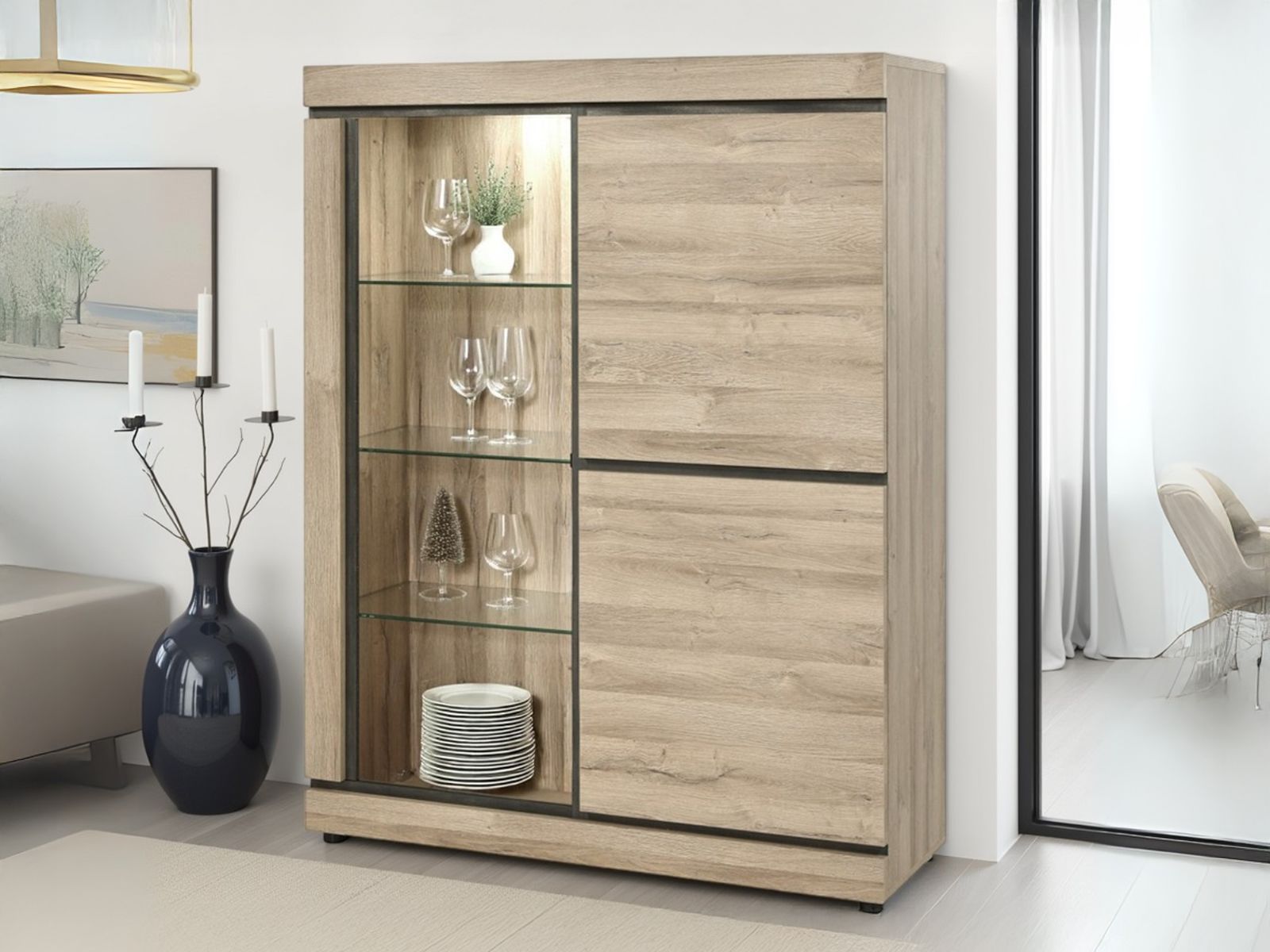 Vitrine MARNOIX 3 portes chêne français avec led