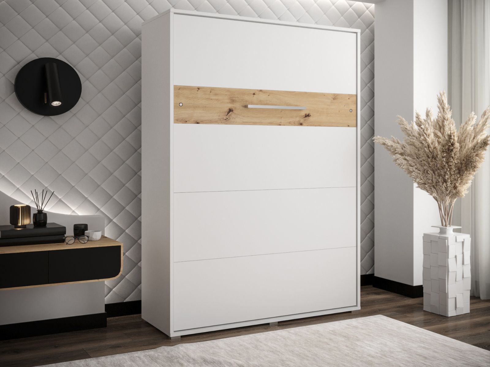 Lit escamotable HOUDI 140x200 blanc/chêne artisan