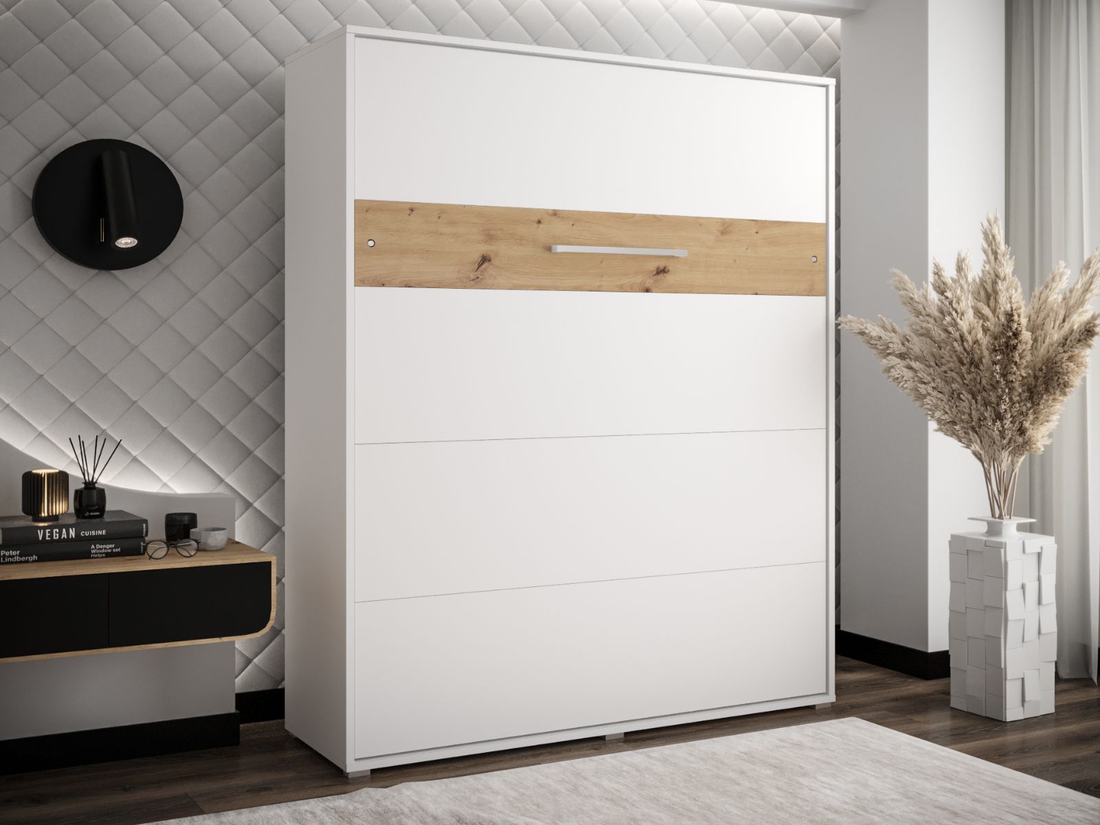 Lit escamotable HOUDI 160x200 blanc/chêne artisan