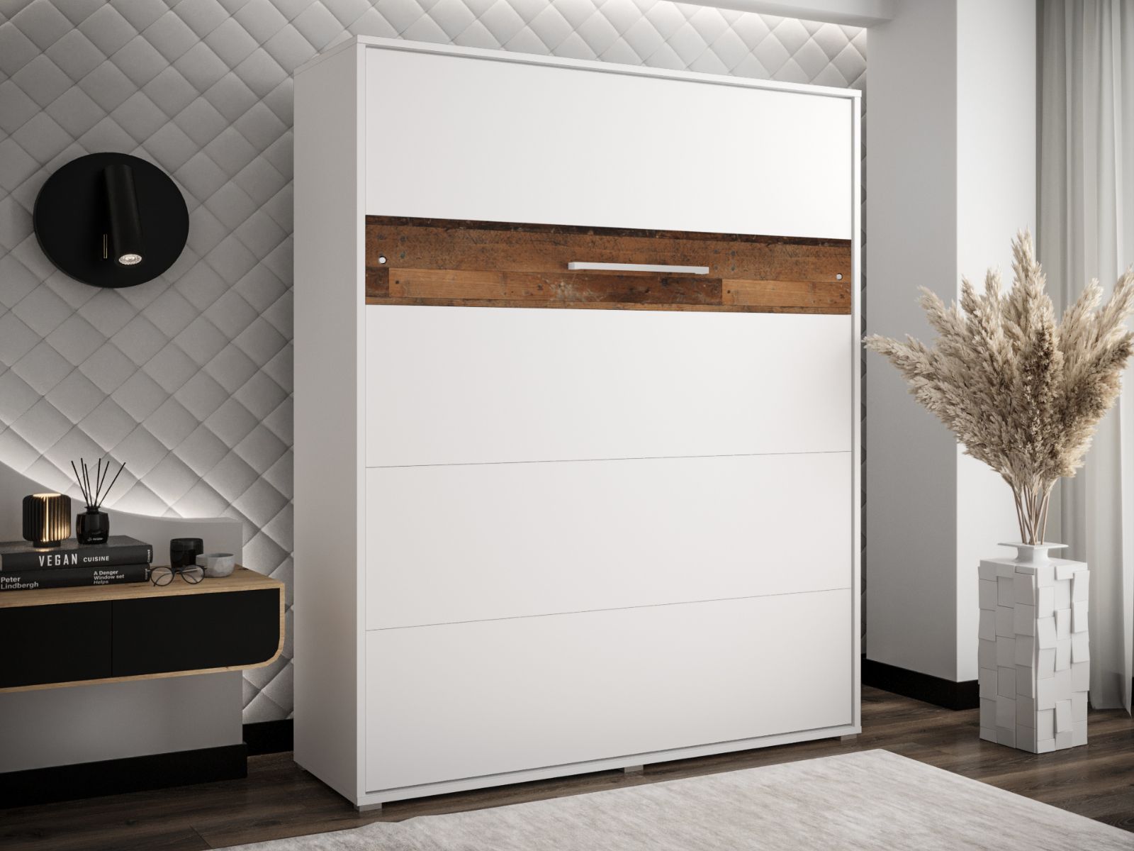 Lit escamotable HOUDI 160x200 blanc/chêne old style