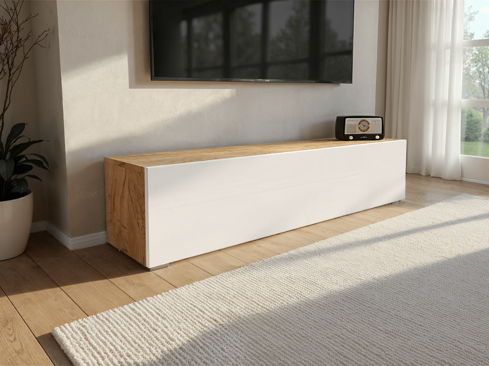 Meuble tv-hifi KINGSTON 1 porte battante 140 cm chêne doré/blanc brillant