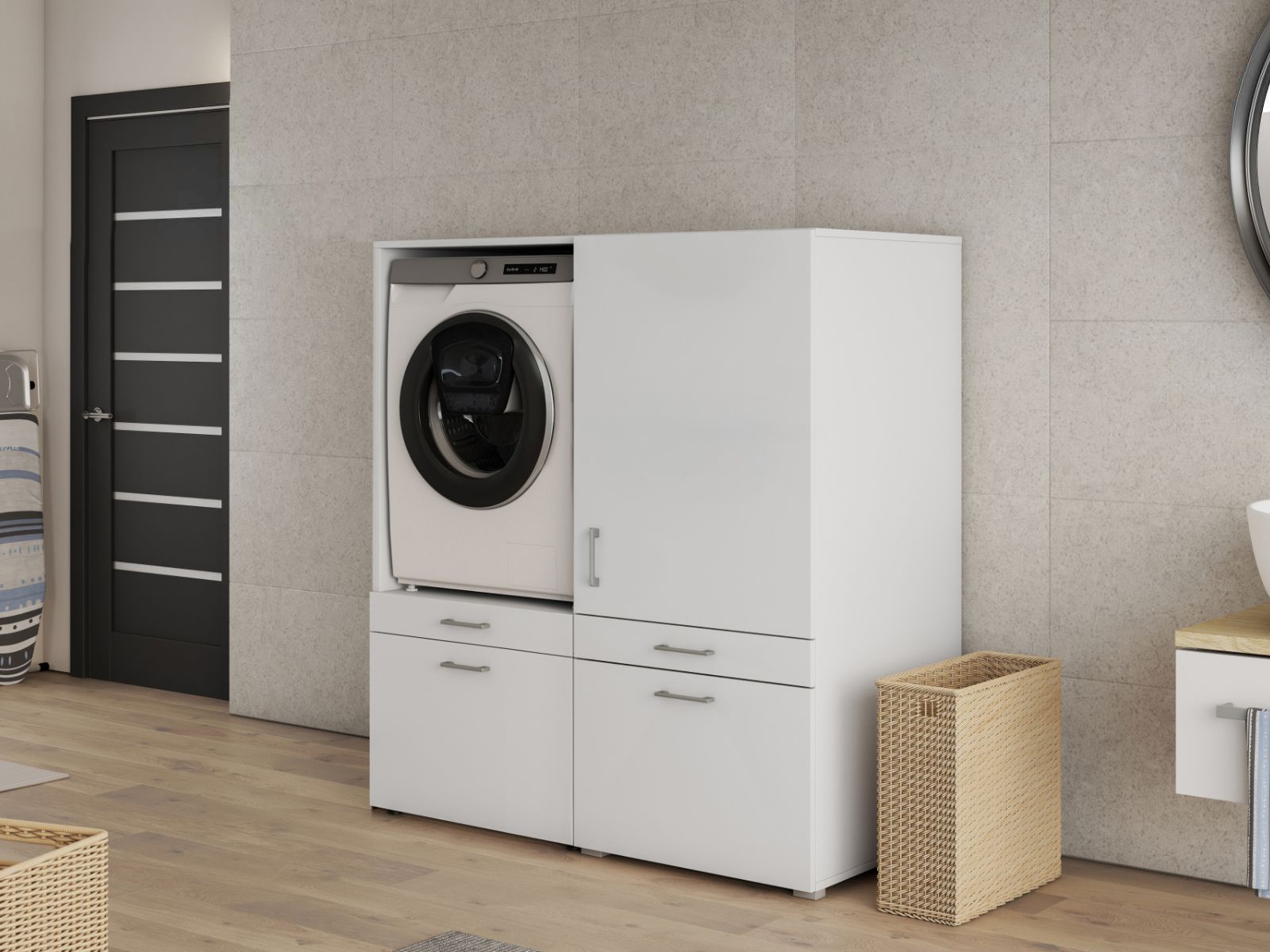 Meuble WASHING 1 machine avec armoire 1 porte 2 tiroirs blanc