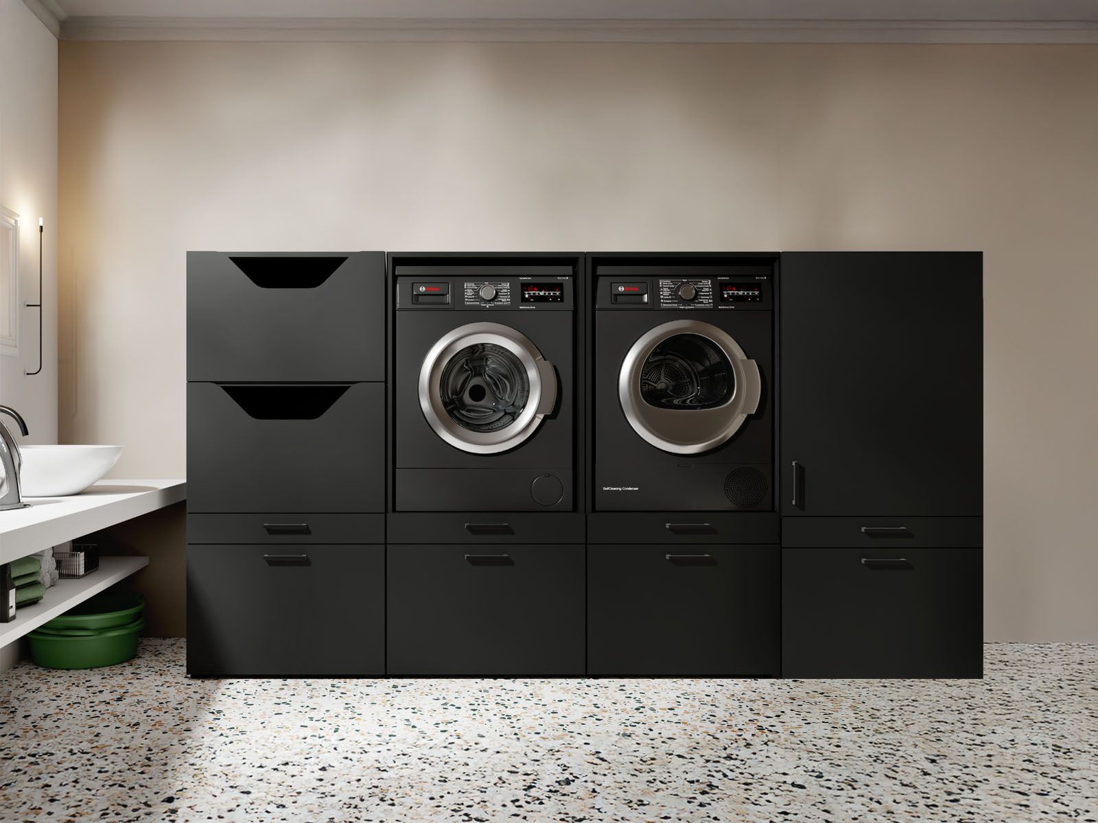 Meuble WASHING 2 machines avec armoire 1 porte 2 tiroirs et armoire linge MEDIUM noir